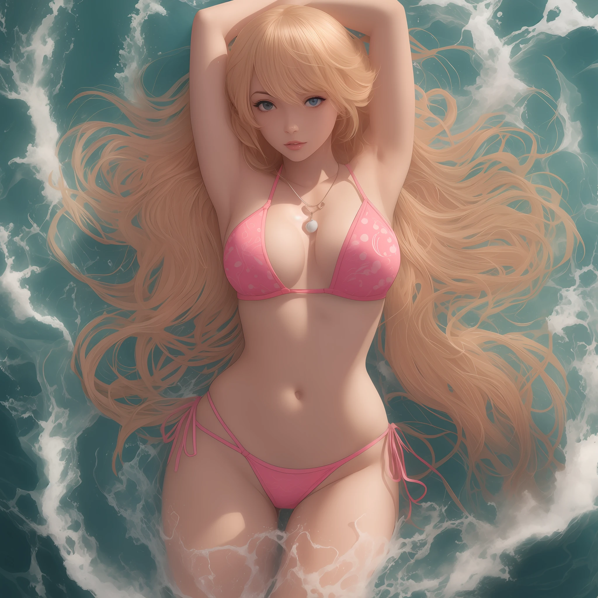 A 19-year-old woman pink bikini resembling Princess Peach playing in the sea, thong bikini, large breasts defined belly, blonde hair, film noir style --auto --s2