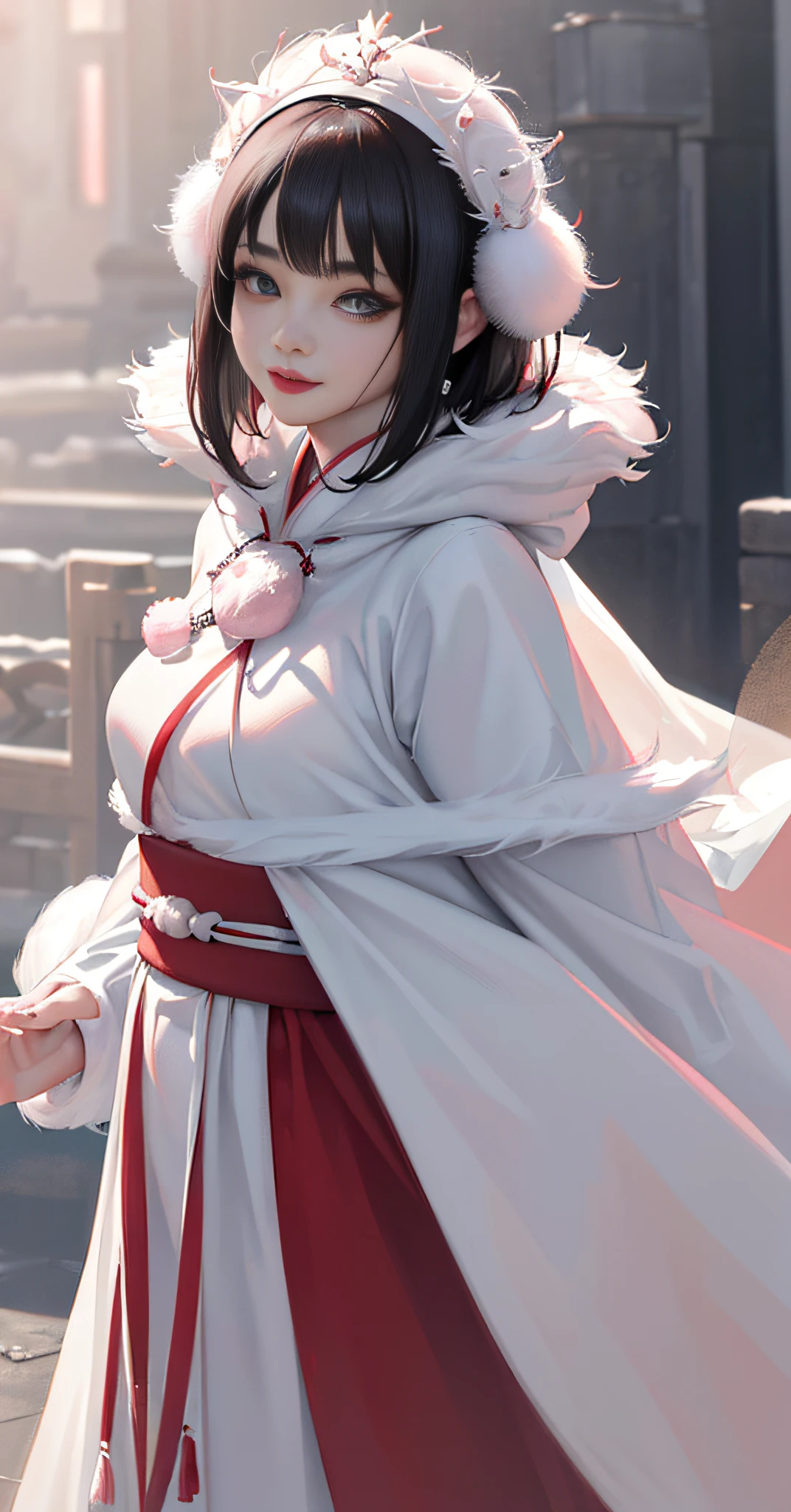 hanfu ming style ,white ([capelet:fur trim:0.4]:1.7),1 girl,(long hair:1.1),([fur cloak:queen cape:0.4]:1.5)， (arms behind back:1.1),(realistic:1.7),((best quality)),absurdres,(ultra high res),(photorealistic:1.6),photorealistic,octane render,(hyperrealistic:1.2), (photorealistic face:1.2), (8k), (4k), (Masterpiece),(realistic skin texture), (illustration, cinematic lighting,wallpaper),( beautiful eyes:1.2),((((perfect face)))),(cute),(standing),(black hair),(short hair),black eyes,red lips, (outdoors),.full body,pink waistband,pink with white pibo,smile, goodlooking,perfect face,.