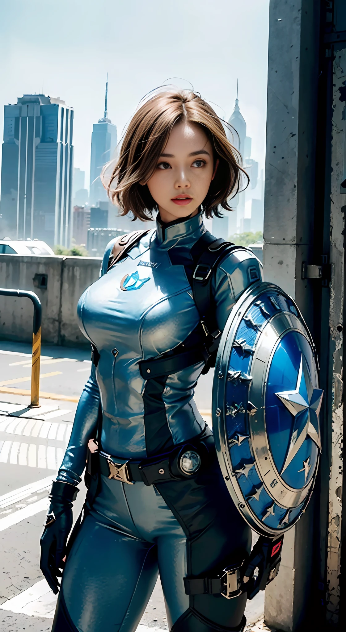 (1girl:1.3), solo, __body-parts__, official art, unified 8k wallpaper, super detailed, beautiful and aesthetic, beautiful, masterpiece, best quality, raw, masterpiece, super fine photo, best quality, super high resolution, photorealistic realism, sunlight, full-body portrait, amazing beauty, dynamic pose, delicate face, vibrant eyes, (from the front), she wears a futuristic Captain America jersey, blue color scheme, (holding a shield), A capital A on chest, very detailed abandoned warehouse background, detailed face, detailed complex busy background, messy, gorgeous, milky white, highly detailed skin, realistic skin details, visible pores, sharp focus, volumetric fog, 8k uhd, DSLR camera, high quality, film grain, fair skin, photo realism, lomography, huge metropolis in future dystopia, seen from below, translucent