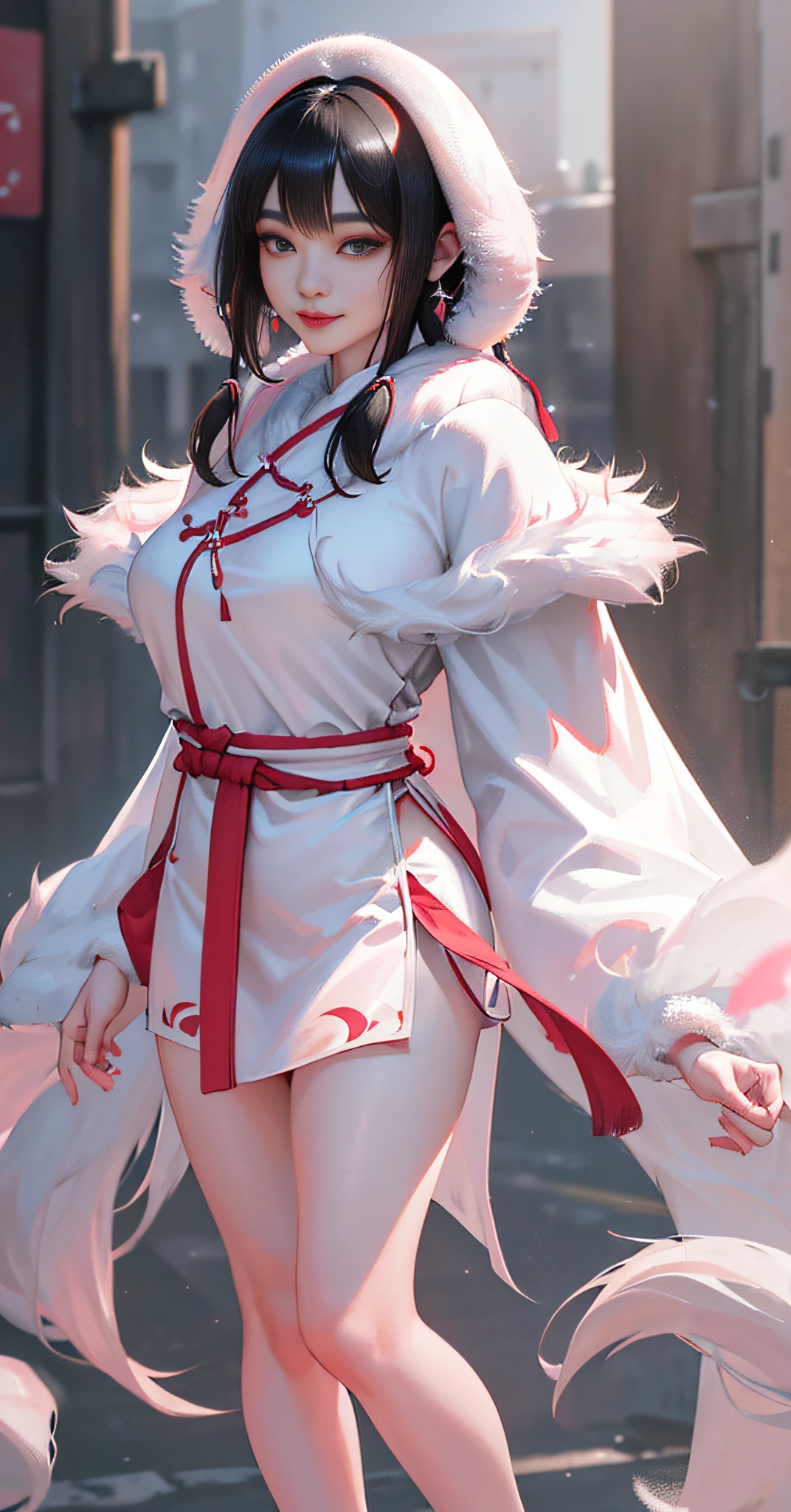 hanfu ming style ,white ([capelet:fur trim:0.4]:1.7),1 girl,(long hair:1.1),([fur cloak:queen cape:0.4]:1.5)， (arms behind back:1.1),(realistic:1.7),((best quality)),absurdres,(ultra high res),(photorealistic:1.6),photorealistic,octane render,(hyperrealistic:1.2), (photorealistic face:1.2), (8k), (4k), (Masterpiece),(realistic skin texture), (illustration, cinematic lighting,wallpaper),( beautiful eyes:1.2),((((perfect face)))),(cute),(standing),(black hair),(short hair),black eyes,red lips, (outdoors),.full body,pink waistband,pink with white pibo,smile, goodlooking,perfect face,.