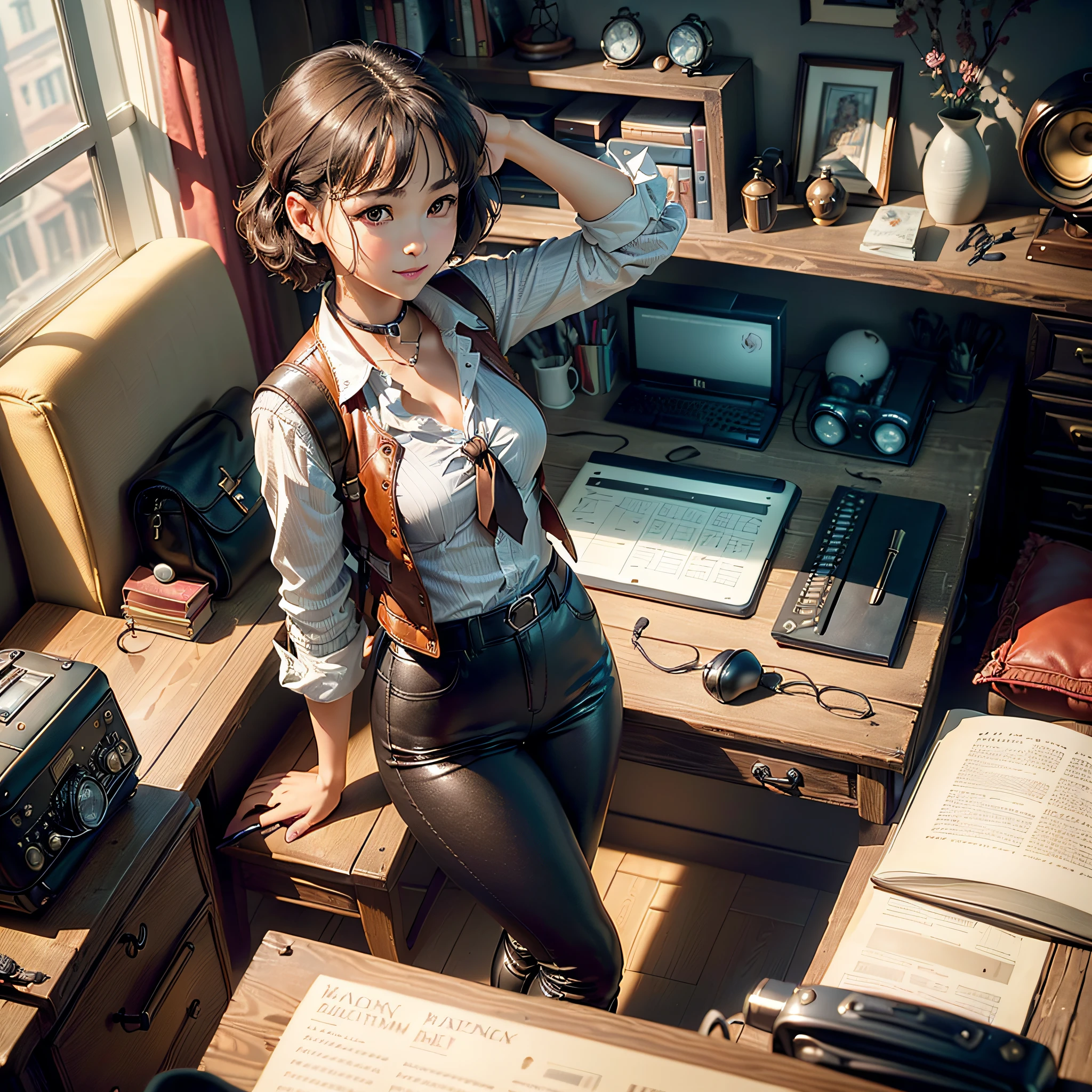 (masterpiece, highest quality, highest resolution, distinct_image, very elaborate CG, cinematic lighting, ray tracing, drop shadows, detailed detail, (photorealistic: 1.4), high quality textures, fine-grained, realistic face expression): (lone girl, face is Japan, brown short hair, hair tied back, small size breasts, sparkly eyes, eye level shots, happy smiles, beauty, slim body, holiday, own room, console games, computer, display, keyboard, mouse, long leather pants, white shirt with collar, leather vest, cardian, baseball cap, handgun holder, leather bag on back, long boots, antique radio, coffee, Model Train, Bookcase, Wooden Chair, Pot, Fan, Painting, Stuffed Animal, Tie, Notebook, Stationery, Vase, Photo Frame, Letter, Fountain Pen, Calendar, Lamp, Cushion, Basket, Profile Mirror, Candle, Newspaper, Sweets, Park View Outside the Window, Telephone, Fruit, Telescope, Retro TV)