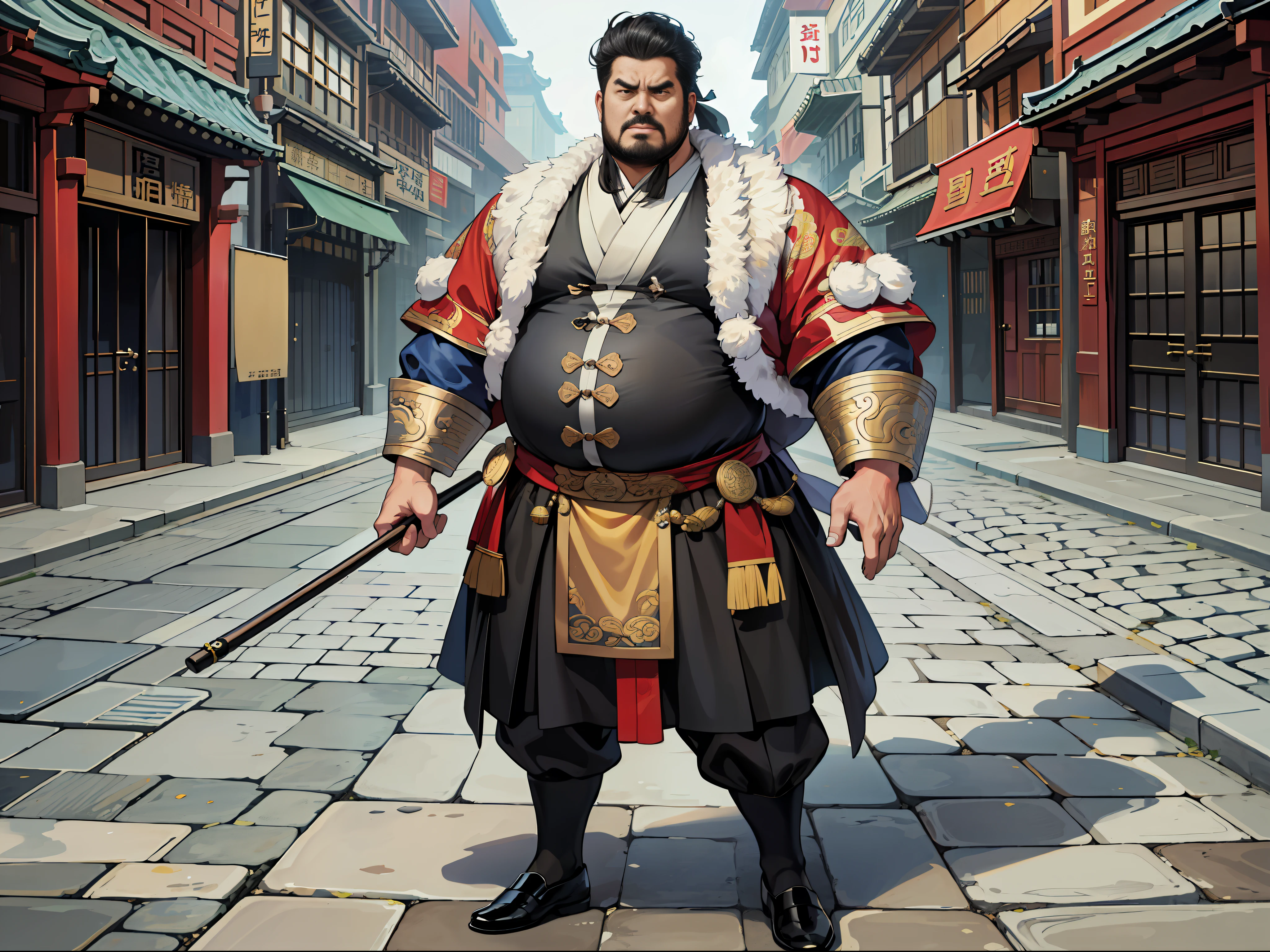 (absurd, high resolution, super detailed, realistic,), 1 man, fat, rich, rich, street, angry, scolding, full body, tang dynasty style, super high resolution, 8K, clear face, black bright eyes