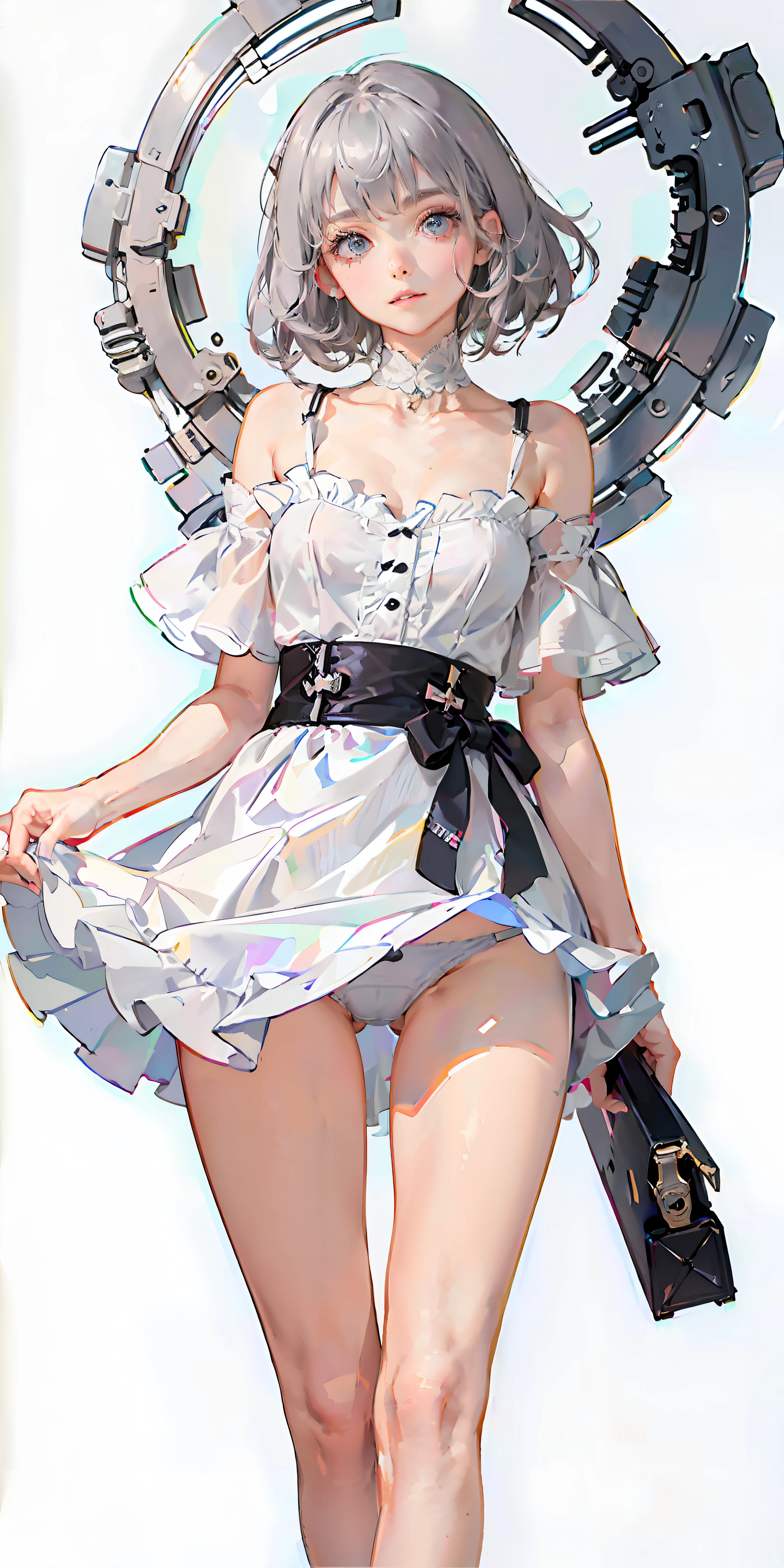 (highest quality), (masterpiece), (super detailed), (eye detail: 1.0), (lens flare: 1.0), (movie poster: 1.0), (tarot border: 1.0), portrait center, (close-up: 1.0), a girl, solo, ((grey eyes)), (messy long grey hair), medium breasts, ((collarbone, groin, narrow waist,slender,thin)),(pink lips),grey hair,white dress,simple background,lift dress,(white panties)