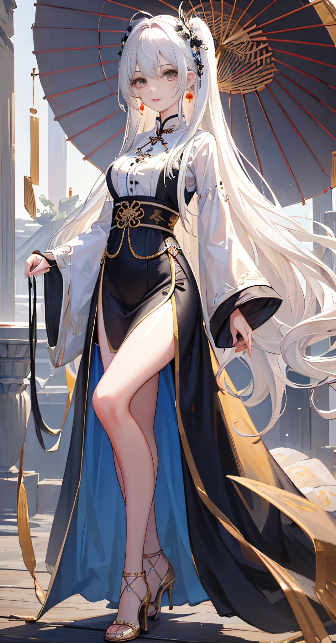 (Best Quality), ((Masterpiece)), (High Resolution), Original, (Very Detailed 8K Wallpaper), Overexposed, 1girl, (Medium Tits), (Extremely Delicate and Beautiful), (Beautiful and Detailed Eye Description), (Beautiful and Detailed Facial Depiction), (Solo), (Slender Legs, High Heels), Behind the Arm, Rain Skirt, Hair Accessories, Necklaces, Jewelry, Earrings, Chinese Style Architecture, Wavy Hair, Messy Hair, Long White Hair, , Masterpiece, Best Quality, Transparent Silk Cost, Kawaii's face, anime, transparent multicolored clothes, (ulzzang-6500:1.2)