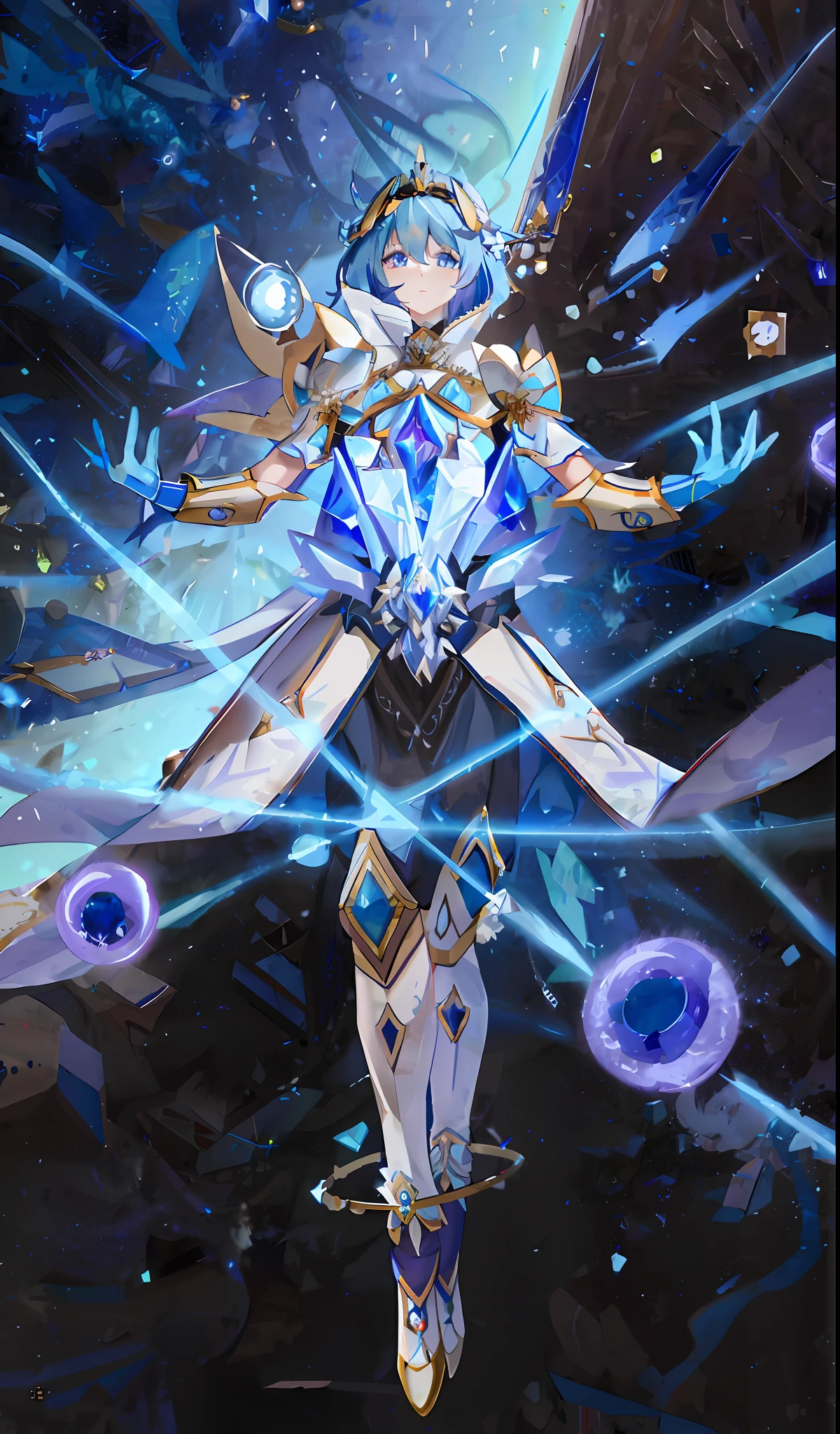 This character is a magical knight in a sword costume with ice crystal armor and opal armor, crystal skin, is a complete portrait of the elemental master and the zodiac girl, and a beautiful celestial mage, starlight ethereal, with a portrait knight of the zodiac girl, wearing a celestial halo and dress, cold freezing movement, there are details of the skirt in the picture.