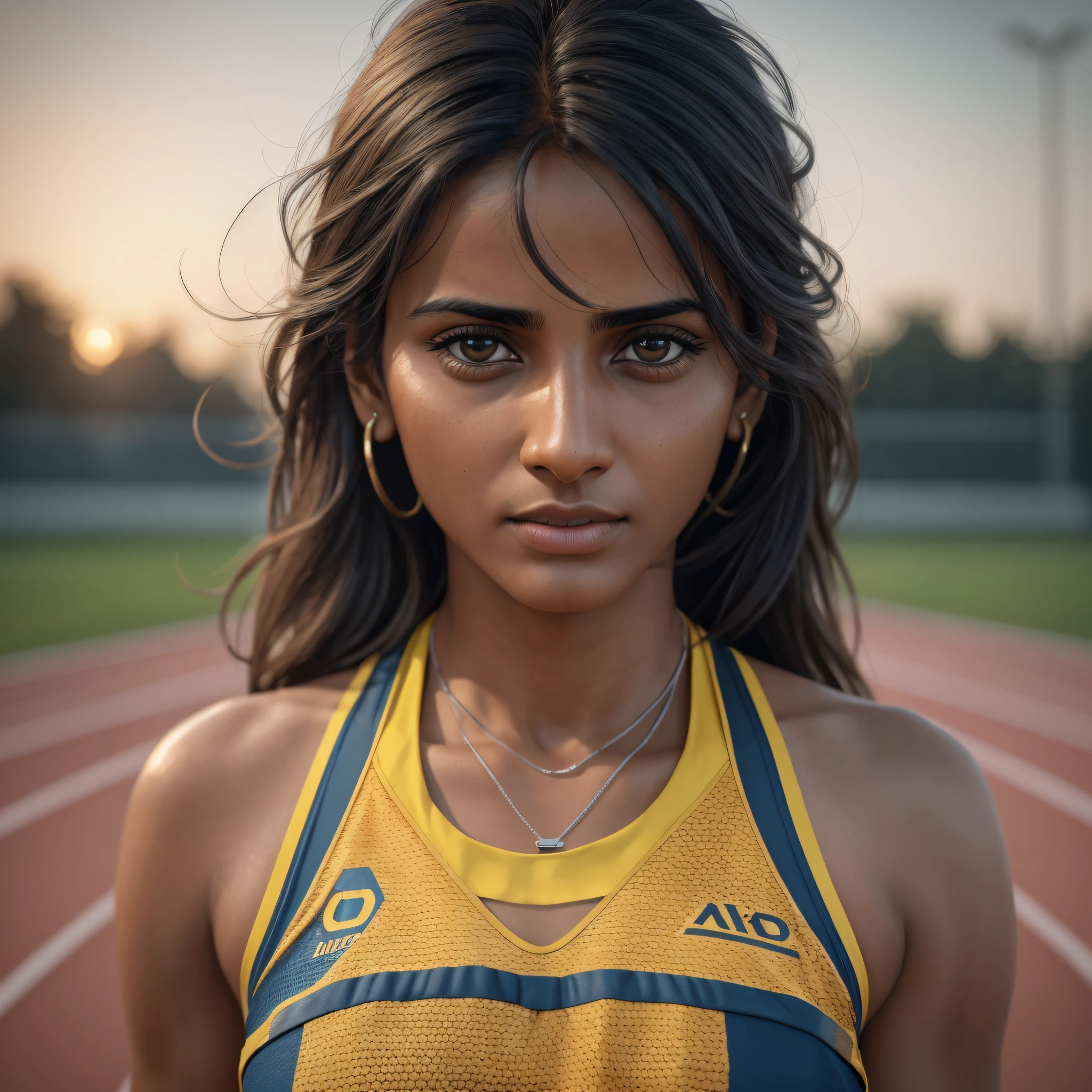 beautiful mature Indian college girl, in track outfit, outside on track field, ((slim, petite)), photorealistic, photo, masterpiece, realistic, realism, photorealism, high contrast, photorealistic digital art trending on Artstation 8k HD high definition detailed realistic, detailed, skin texture, hyper detailed, realistic skin texture, armature, best quality, ultra high res, (photorealistic:1.4),, high resolution, detailed, raw photo, sharp re, by lee jeffries nikon d850 film stock photograph 4 kodak portra 400 camera f1.6 lens rich colors hyper realistic lifelike texture dramatic lighting unrealengine trending on artstation cinestill 800, --auto --s2