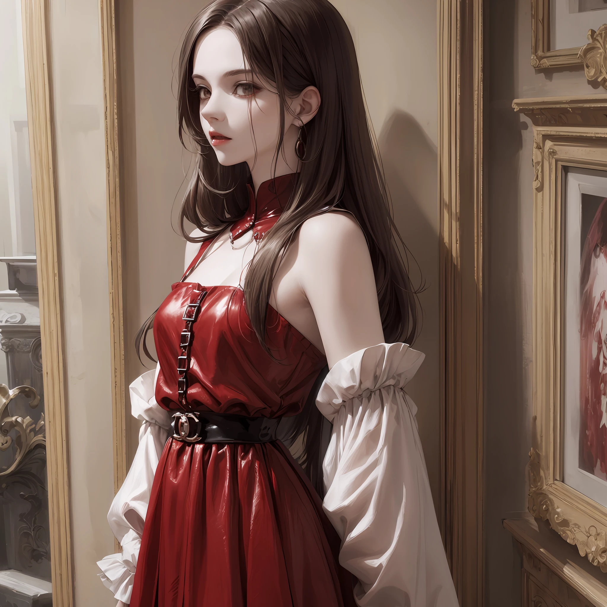 Pale, skinny, brown teenager with deep dark circles, long honey-colored hair, blood dripping from his mouth. Red Chanel Dress --auto --s2
