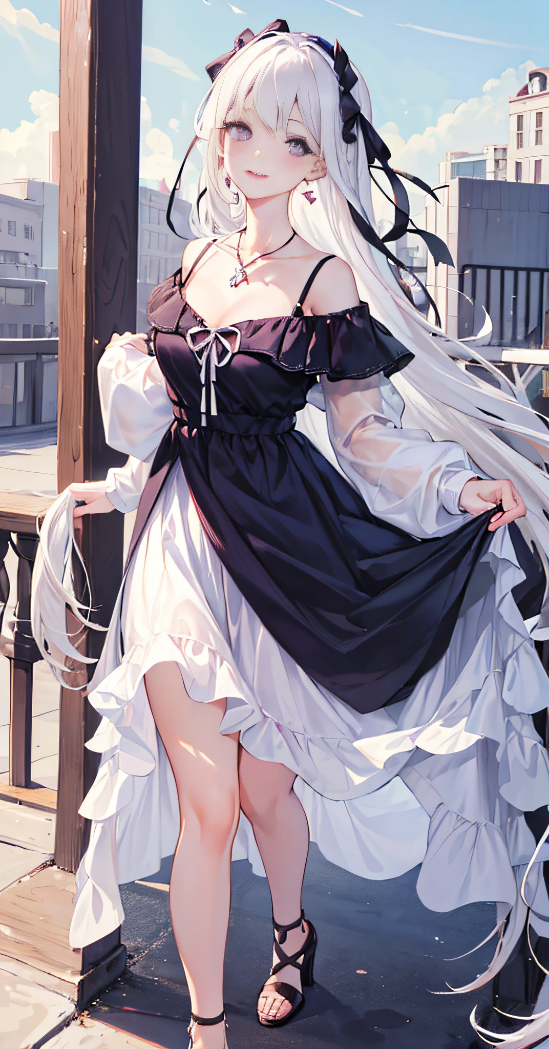 1 Girl, Laurie, long sleeves, collarbone, off-the-shoulder, open skirt, white skirt, (lips slightly open), outdoor, (big eyes: 1.1), transparent background, carrying clothes, head tilt, long hair, very long hair, (white hair: 1.3), ribbon, mole under the eyes, bell, mole under the mouth. Slender legs, high heels, looking back, earrings, chest, necklace, pendant, (dress: 1.6), (purple eyes: 1.2), smile, (ulzzang-6500: 1.8)