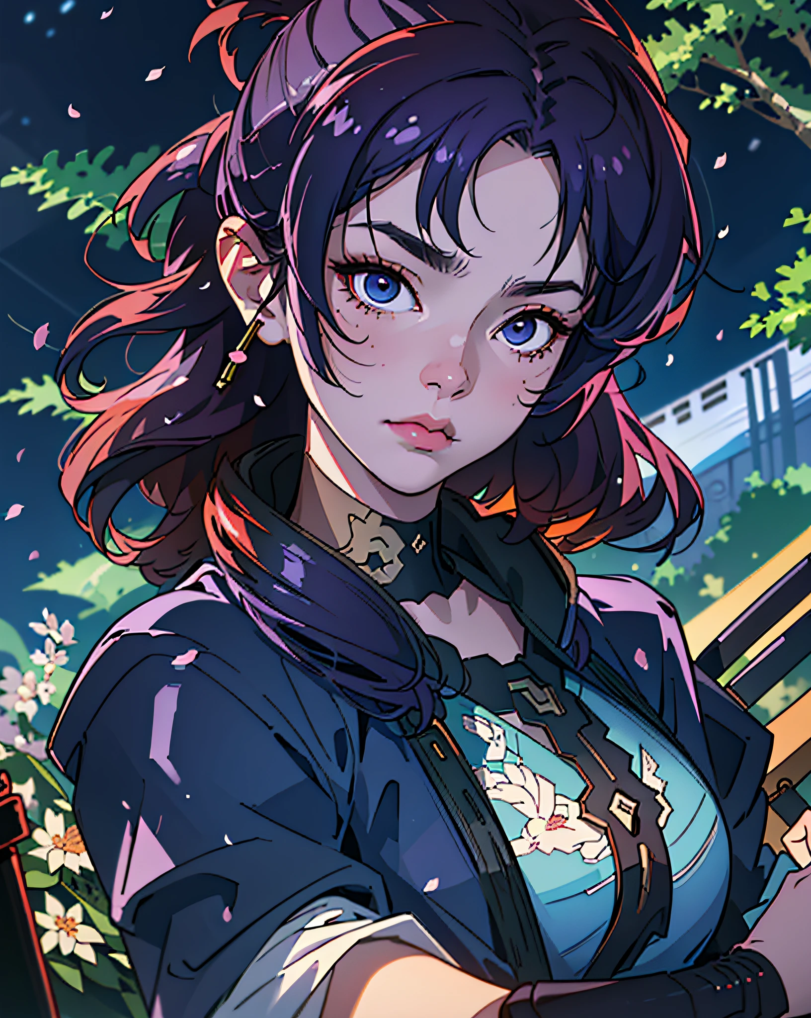 (SFW), gorgeous, (masterpiece:1.2), (best quality:1.2), perfect eyes, perfect face, perfect lighting, ((1man)), cyberpunk ronin, (samurai, ((ronin)), armored), solo, outdoors, forest, starry night, moonlit, purple hair, cherry blossoms, (cherry leaves falling), windy, dynamic pose, wide-angle, artgerm and ruan jia, soft cinematic light, adobe lightroom, Photographic laboratory, HDR, intricate, highly detailed, (depth of field: 1.4), (natural skin texture, hyperrealism, soft light, sharp: 1.2), (dark shot: 1.22), (intricate), (Artstation: 1.2), Hyperdetailed, dramatic and complex details, (Technicolor: 0.9)