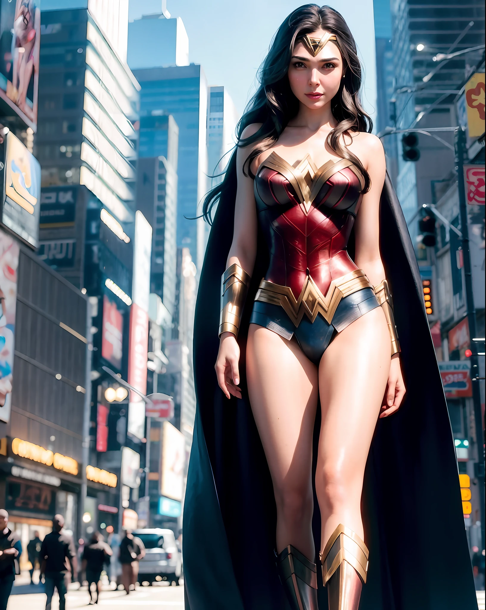 Gal Gadot Beautiful woman long hair, cybernetic wonder woman costume, big breasts looking for camera, cyberpunk masterpiece detailed HD, cinematic style, mythological.