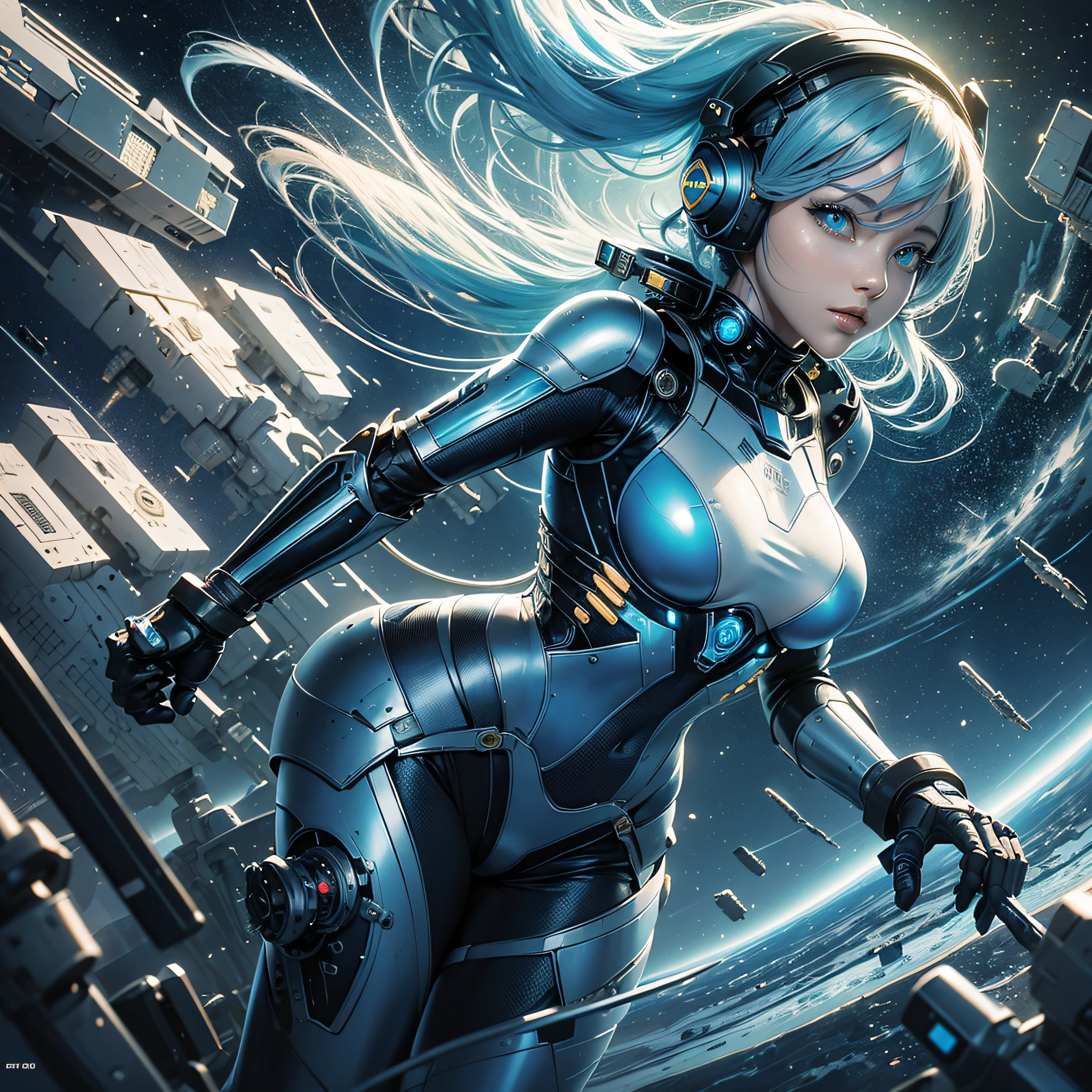 Full body, blue hair, blunt van, masterpiece, top quality, official art, album art, very elaborate CG Unity 8K wallpaper, lone girl, Japan girl, full body, super high resolution, (photorealistic: 1.4), dynamic angle, dynamic pose, mystical power, floating particles, reflection, so cute, sparkling blue color eyes, golden hour lighting, Pilot suit in white and blue and black colors, tight fitting clothes, full-body covering clothes, knee boots, (puffy eyes), viewer looking, front-facing, beauty, medium breasts, shirt lift, metal wire, slim body, arm-length gloves, anime heroine, gentle smile, headset, helmet, detailed robot cockpit, super futuristic space