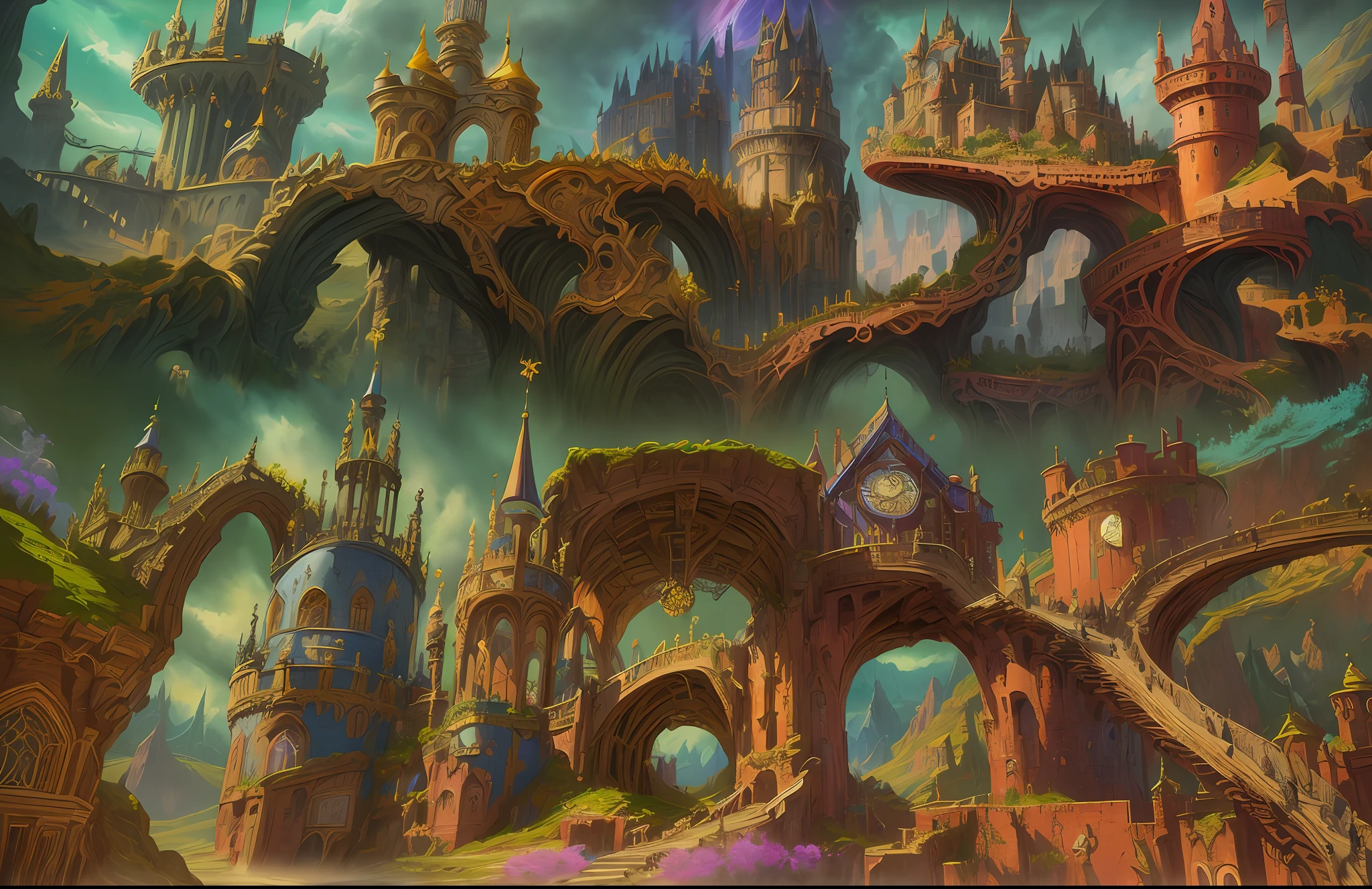 painting of a fantasy castle with a clock tower and a clock tower, fantasy highly detailed, detailed fantasy digital art, fantasy painterly style, colorful concept art, detailed digital 2d fantasy art, magic fantasy highly detailed, colorfull digital fantasy art, detailed fantasy illustration, intricate rainbow environment, symmetrical fantasy landscape, beautiful detailed fantasy, fantasy architecture, 4 k detail fantasy