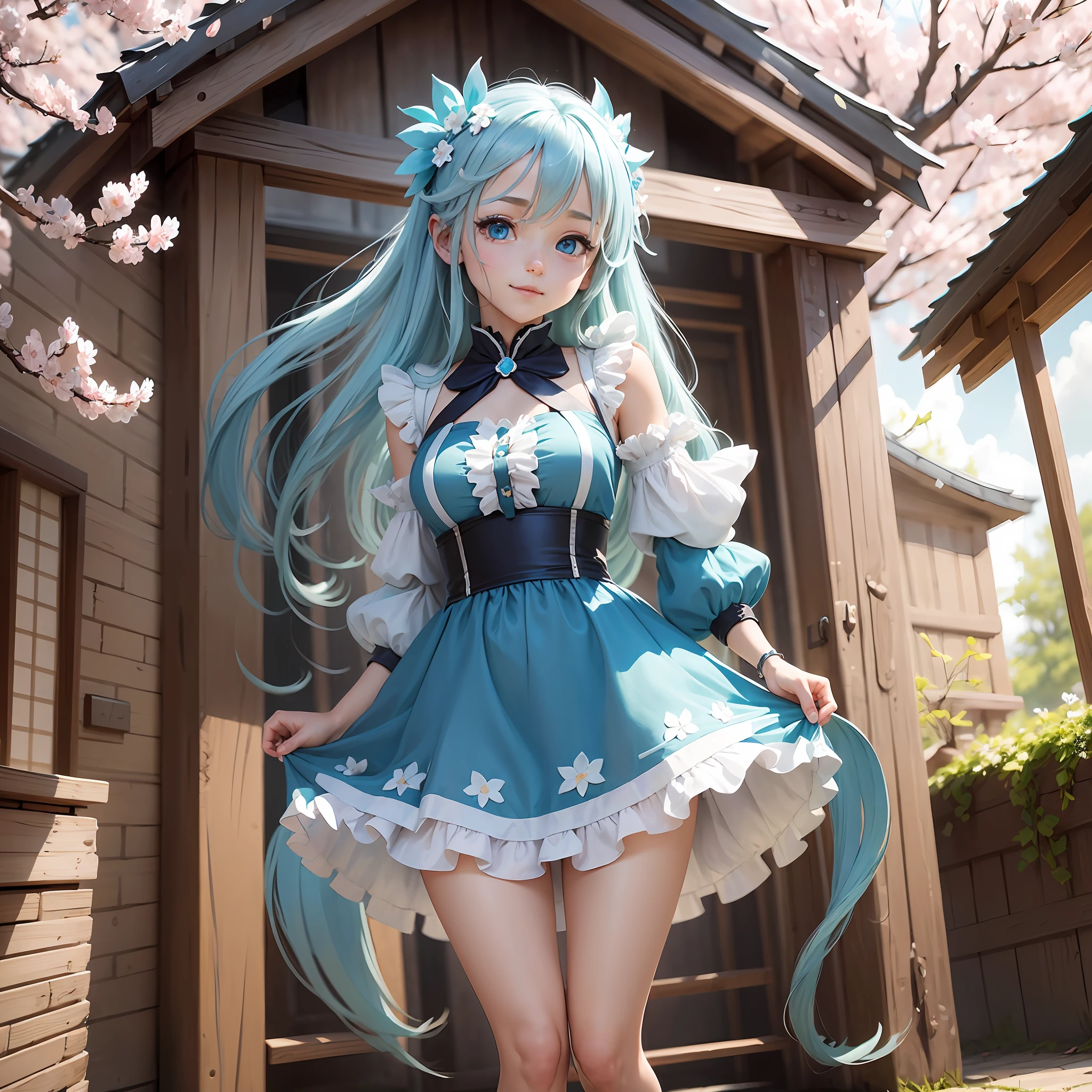 1 girl (Aqua Konosuba) little dress a white dress, looking at the viewer, long blue hair, blue eyes, full body, happy face, perfect anatomy, masterpiece, scenery of Japan, petals of Sakura falling --auto --s2