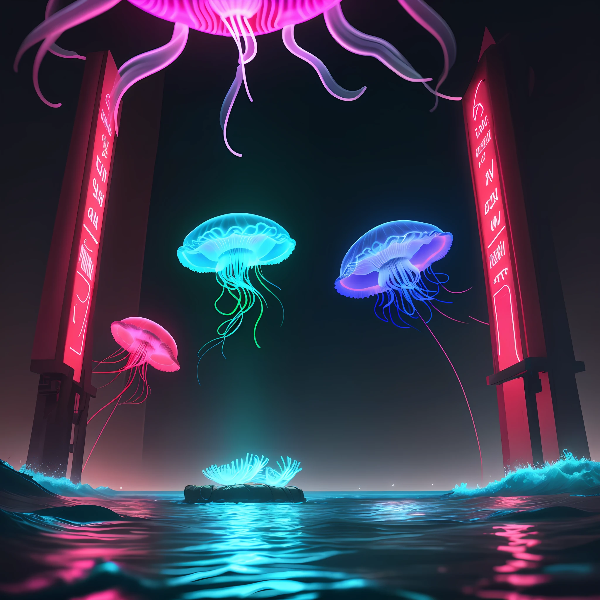 neon jellyfish swimming, jellyfish, dark sea, neon beautiful jellyfish, 3D render, Red Dead Redemption 2 asset, high detailed 3D asset, national geographic, documentary, extremely detailed, 4k