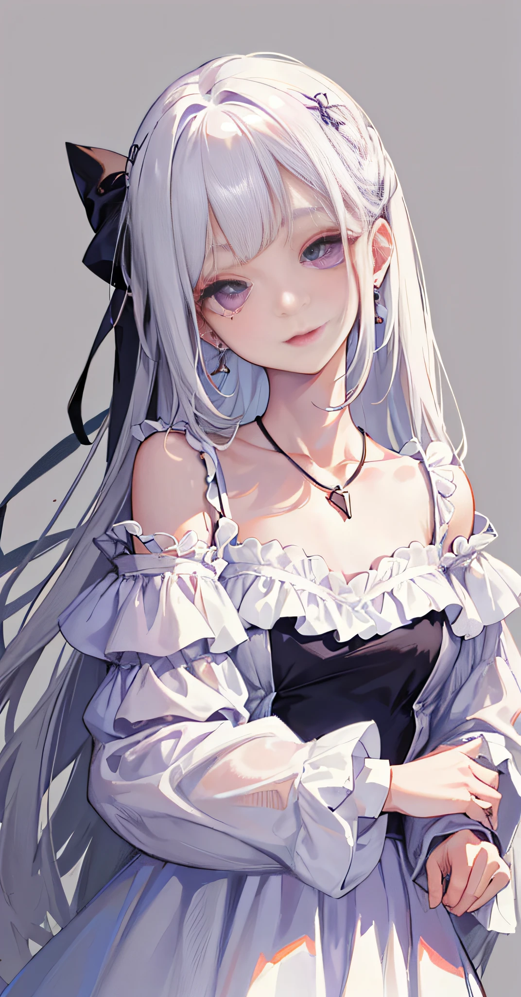 1 Girl, Laurie, long-sleeved, collarbone, off-the-shoulder, open dress, white skirt, (lips slightly open), outdoor, (big eyes: 1.1)，transparent background, carrying clothes, head tilt, long hair, very long hair, (white hair: 1.3), ribbon, mole under eyes, bell, mole under mouth. Upper body, looking back, earrings, chest, necklace, pendant, (dress: 1.6), (purple eyes: 1.2),smile,(ulzzang-6500:1.8)