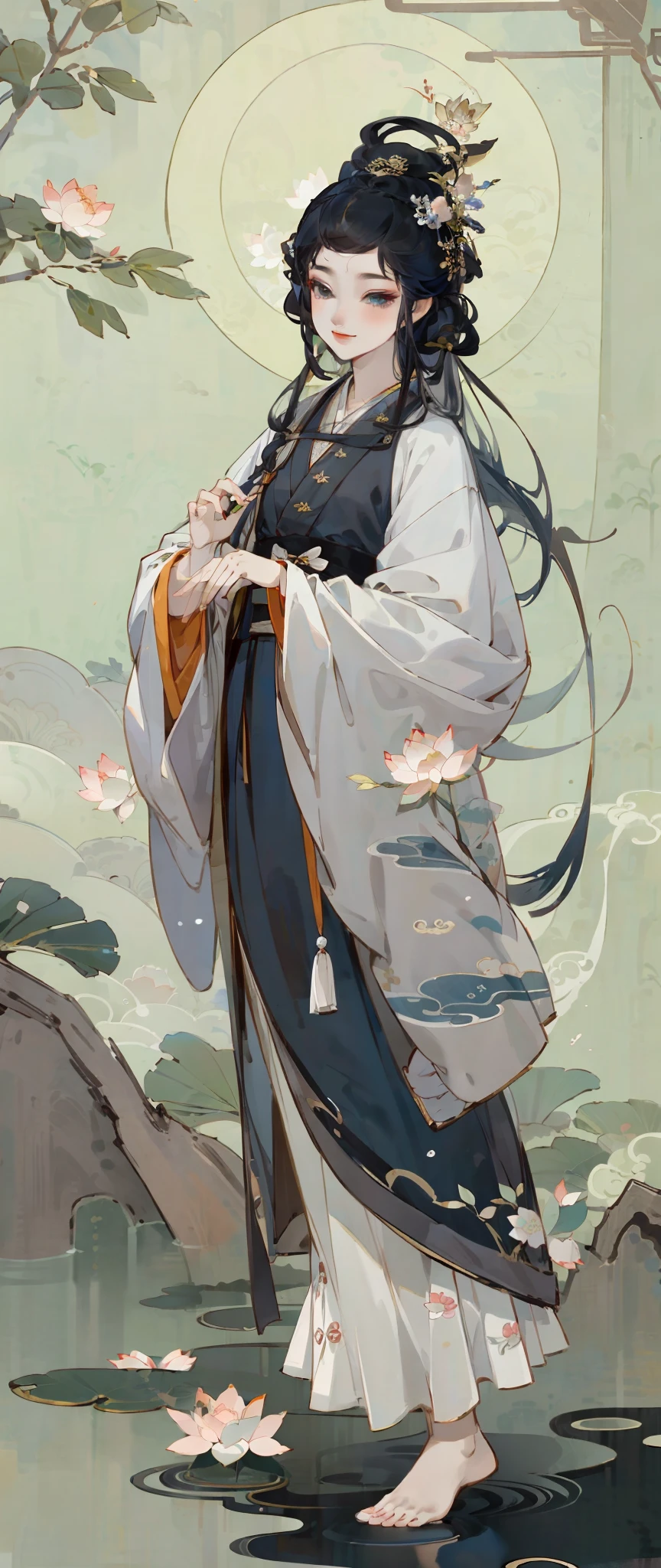 ((4k,masterpiece,best quality)), shuimobysim, traditional chinese ink painting, lotus, hanfu, maxiskit, dress conservatively 1girl, solo, long blue hair, smile, standing, feet in the water, barefoot, --auto --s2
