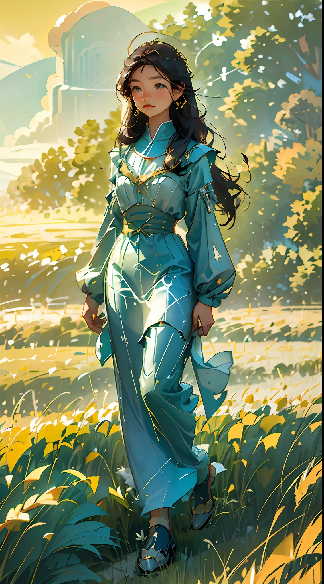 Wheat field, a beautiful girl standing in a wheat field, big clouds, blue sky, rice field, neat rice seedlings in the field, forest, hillside, secluded, countryside, HD detail, hyper-detail, cinematic, surrealism, soft light, deep field focus bokeh, ray tracing and surrealism. --v6