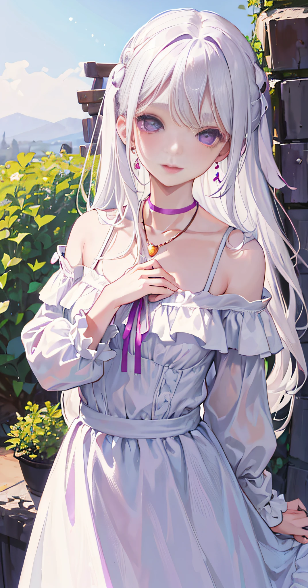 1 Girl, Laurie, long-sleeved, collarbone, off-the-shoulder, open dress, white skirt, (lips slightly open), outdoor, (big eyes: 1.1),transparent background, carrying clothes, head tilt, long hair, very long hair, (white hair: 1.3), ribbon, mole under eyes, bell, mole under mouth. Upper body, looking back, earrings, chest, necklace, pendant, (dress: 1.6), (purple eyes: 1.2),smile,(ulzzang-6500:1.8)