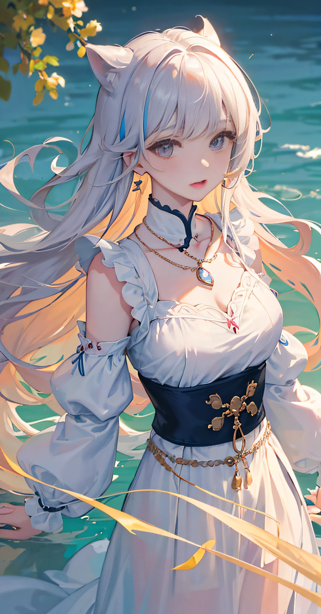 (best quality),((masterpiece)),(highres), original, (extremely detailed 8K wallpaper), overexposure,1girl,(medium breasts),(an extremely delicate and beautiful),(Beautiful and detailed eye description),(Beautiful and detailed facial depiction),(solo),(upper body),arms behind back,Rainskirt,hair ornament, necklace, jewelry,earrings,chinese style architecture,wavy hair,messy hair,swept bangs,, masterpiece, best quality,transparent silk cost,kawaii's face,anime,transparent multicolored clothing,(ulzzang-6500:1.2)
