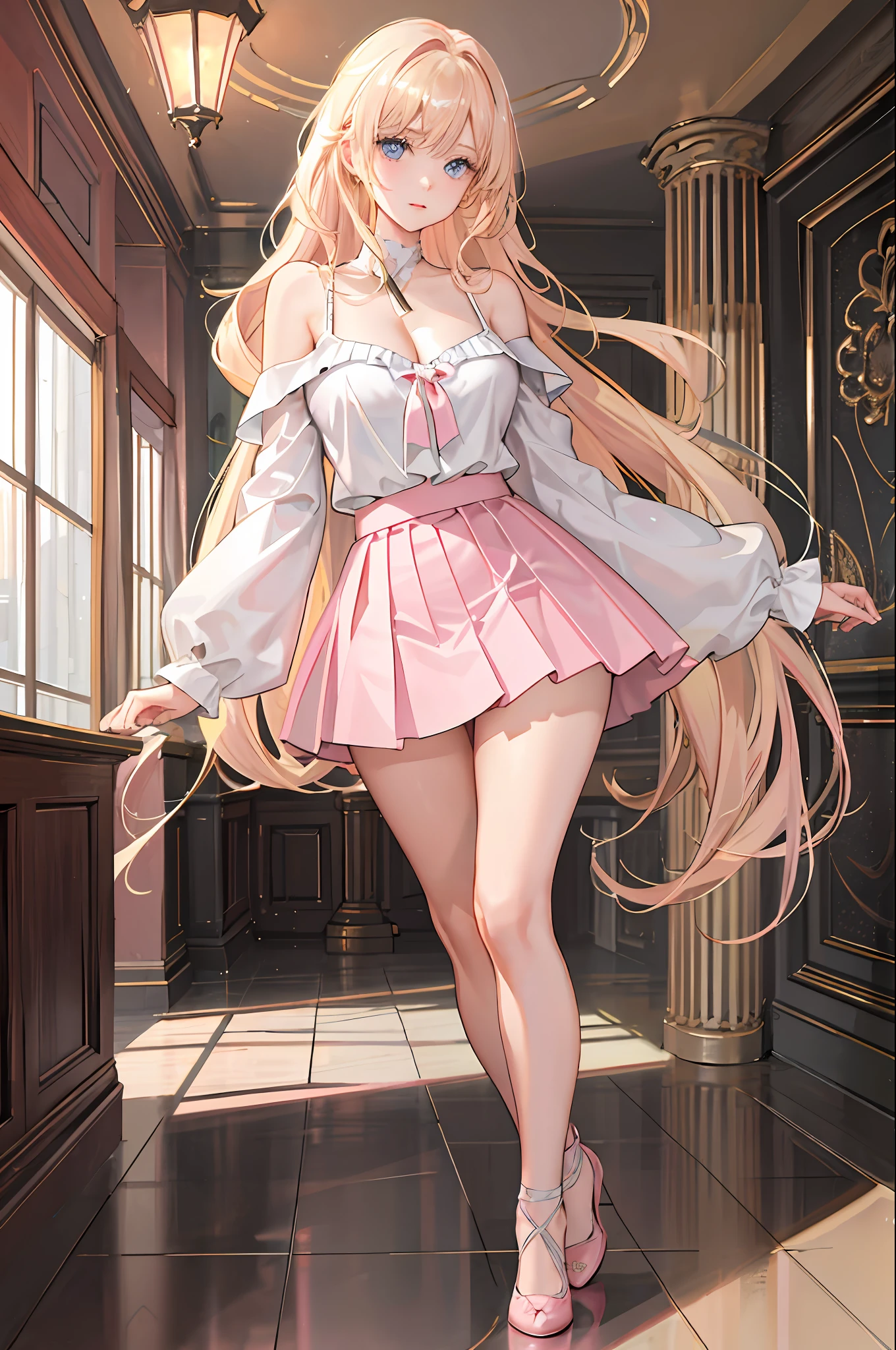 (((1 girl)),ray tracing,(dim lighting),[detailed background (school hallways)),((blond hair)),((blond hair)),((Fluffy blond hair, plump and slender girl)))) Avoid golden eyes in the ominous living room ((((Girl wears an off-shoulder white blouse, short pink skirt, pink short skirt)) showing shoulders and ))), showing a delicate and slender figure and graceful curves, correct limbs, innocent expression, hands behind the head, hands behind the head, both hands behind the head, Eye details, beautiful eyes, delicate eyes, blue eyes, large breasts,e breasts, cleavae shoulde