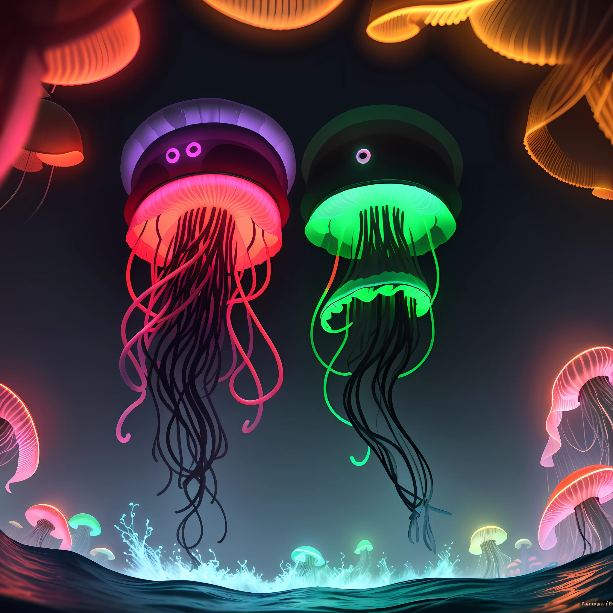 neon jellyfish swimming, jellyfish, dark sea, neon beautiful jellyfish, 3D render, Red Dead Redemption 2 asset, high detailed 3D asset, national geographic, documentary, extremely detailed, 4k