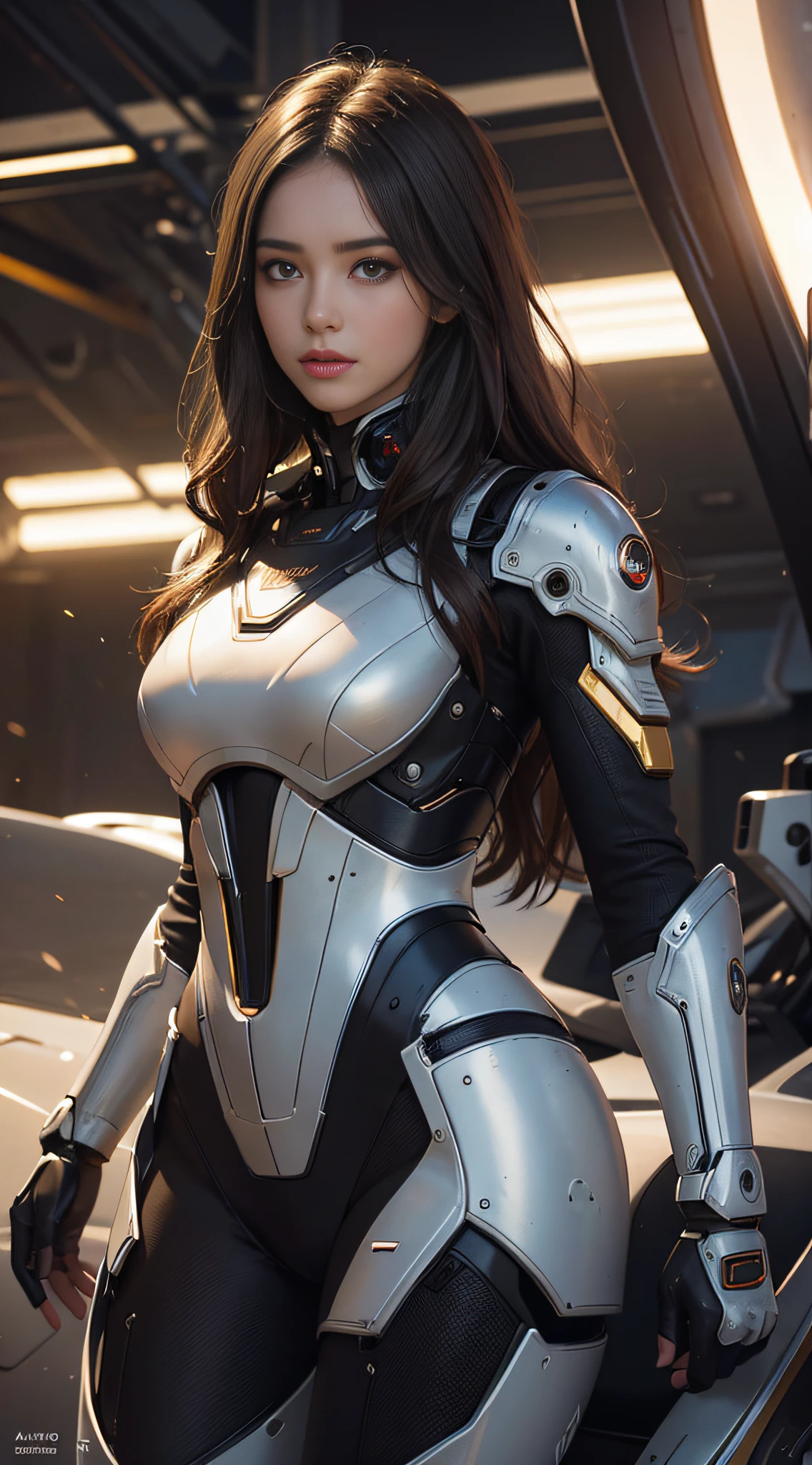 brunet, long hair, high detail, futurism, realism, cinematic lighting, bust diagram, foot out frame, pov, masterpiece, uhd, masterpiece, ccurate, anatomically correct, textured skin, super detail, high detail, high quality, best quality, high resolution, 8k, hd, mechanical mecha, high-tech, (upper body: 1.5), brown eyes, light makeup, goose egg face, front,