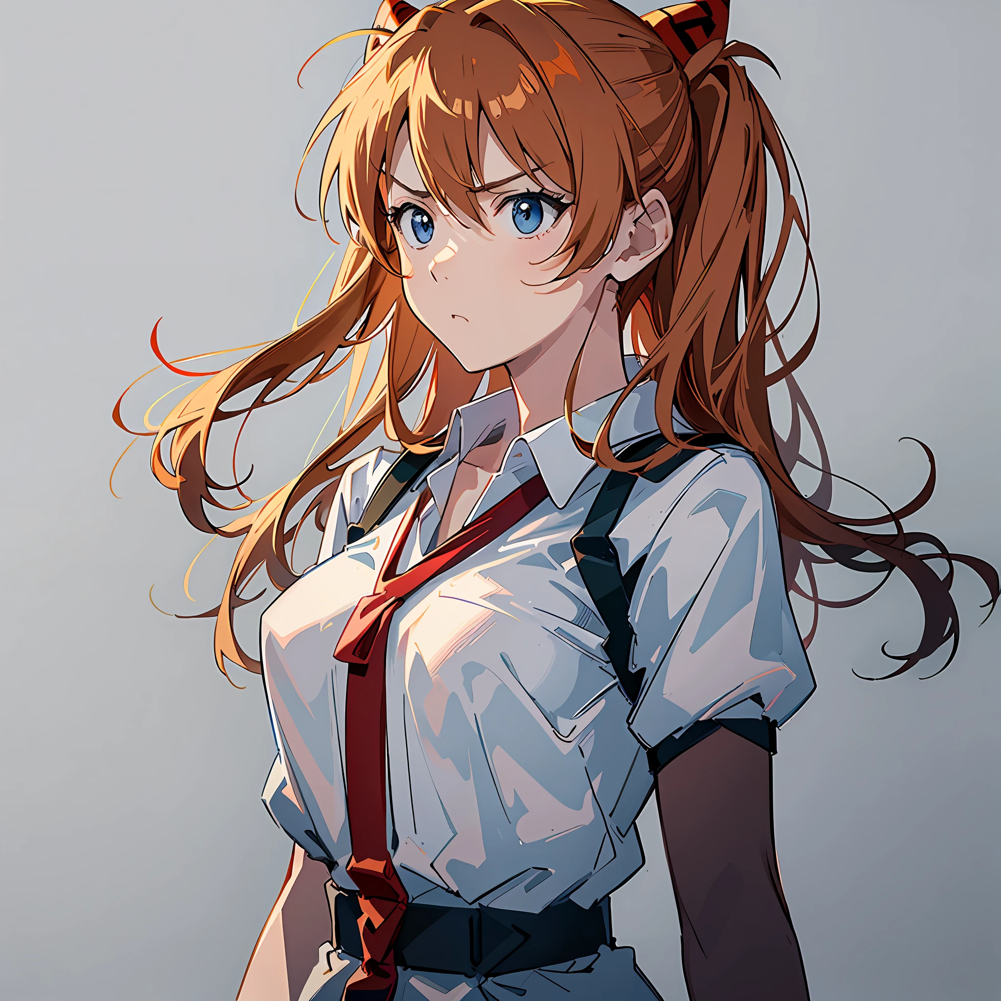 (Masterpiece, Best Quality), Asuka, 1 girl, hair fluttering in the wind, tsundere expression, angry, forked waist, wallpaper, white solid background, solid background, minimalist style, white shirt, simple, upper body close-up, character in the middle, warm tone, minimalist, --v6
