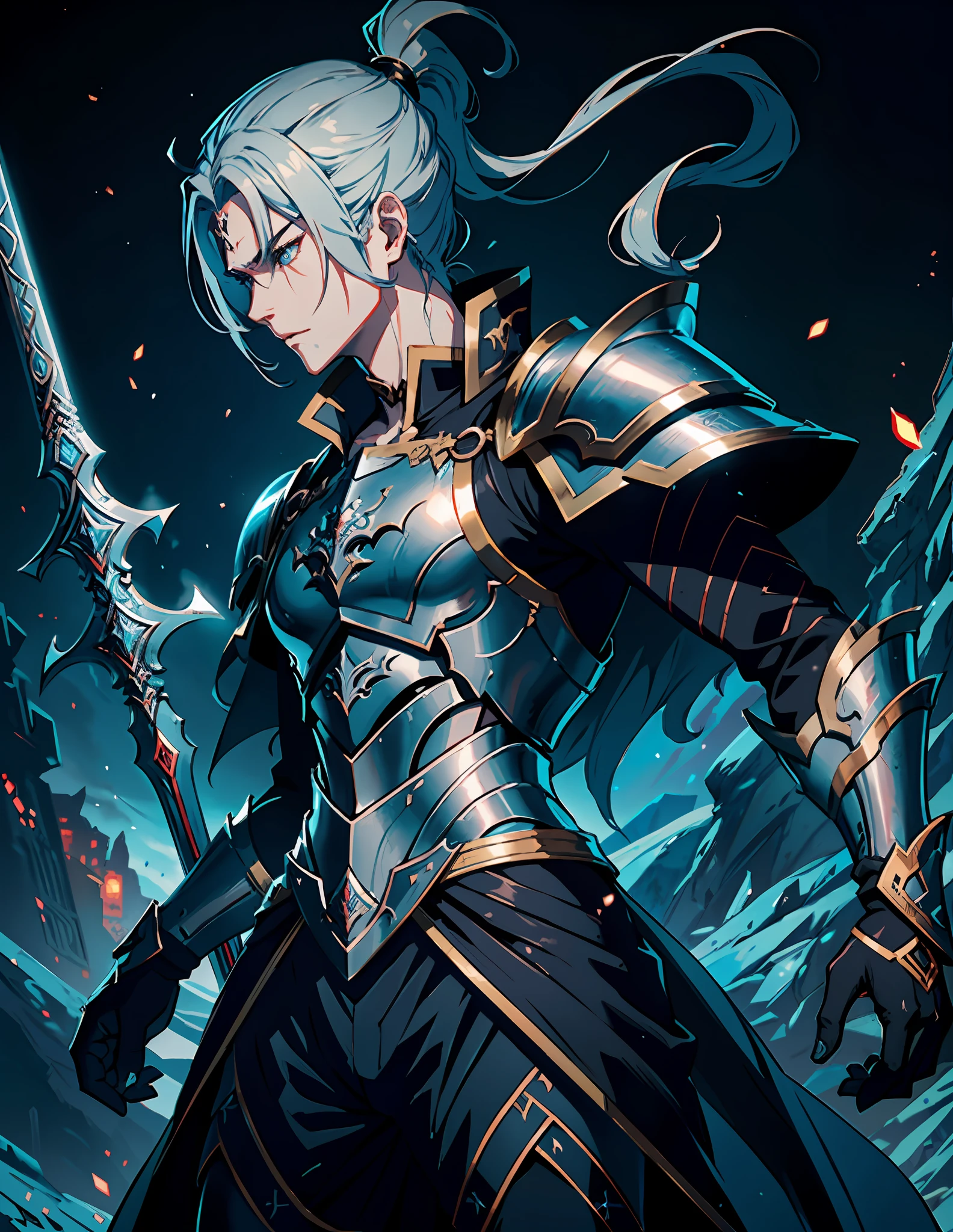 a close up of a male with a sword and armor, by Yang J, beautiful male god of death, dark fantasy style art, 2. 5 d cgi anime fantasy artwork, epic fantasy digital art style, epic fantasy character art, epic exquisite character art, demon armor, detailed digital 2d fantasy art, dark fantasy character design, by Shen Zhou, demon lord