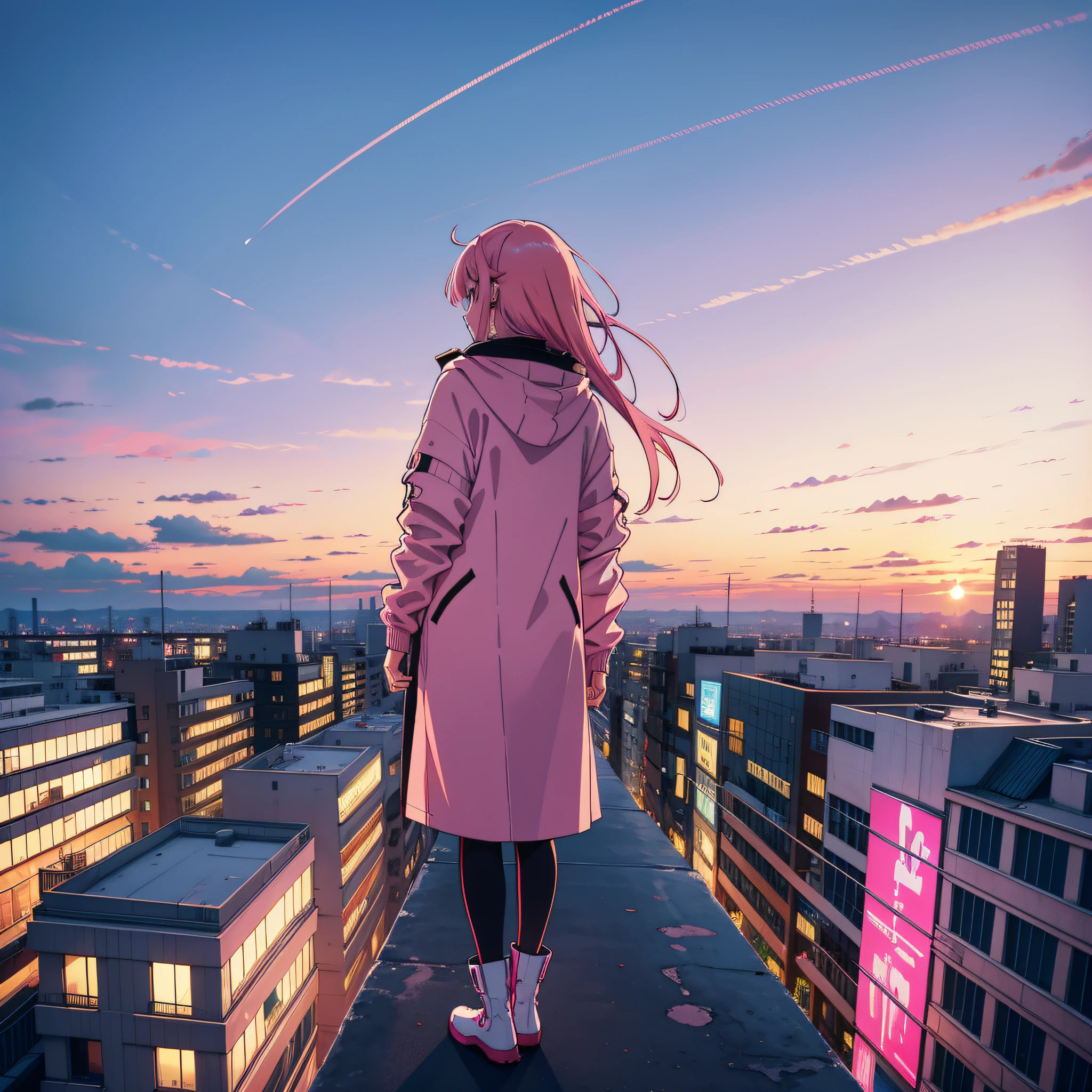 A girl with pink hair, standing on the roof of the building, at dusk