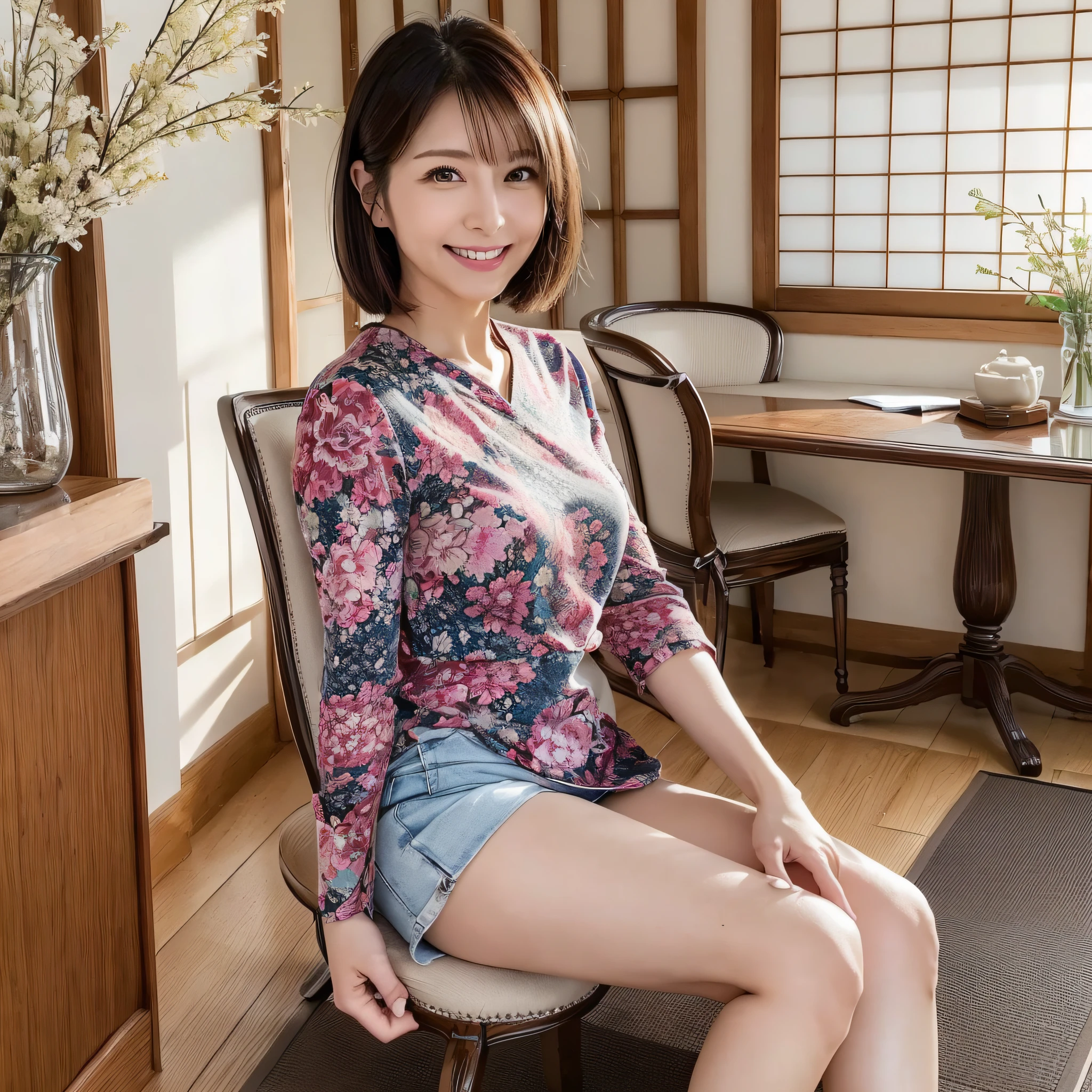 (8K) Beautiful Japan mature woman, Alasa, Japan beautiful mature woman, beautiful eyes, beautiful eyes, beautiful Japan face, beautiful skin, cute smile (room wear) healthy body, full body image, Japan person with good style, Japan person with beautiful legs , beautiful living and dining room, desk, chair,