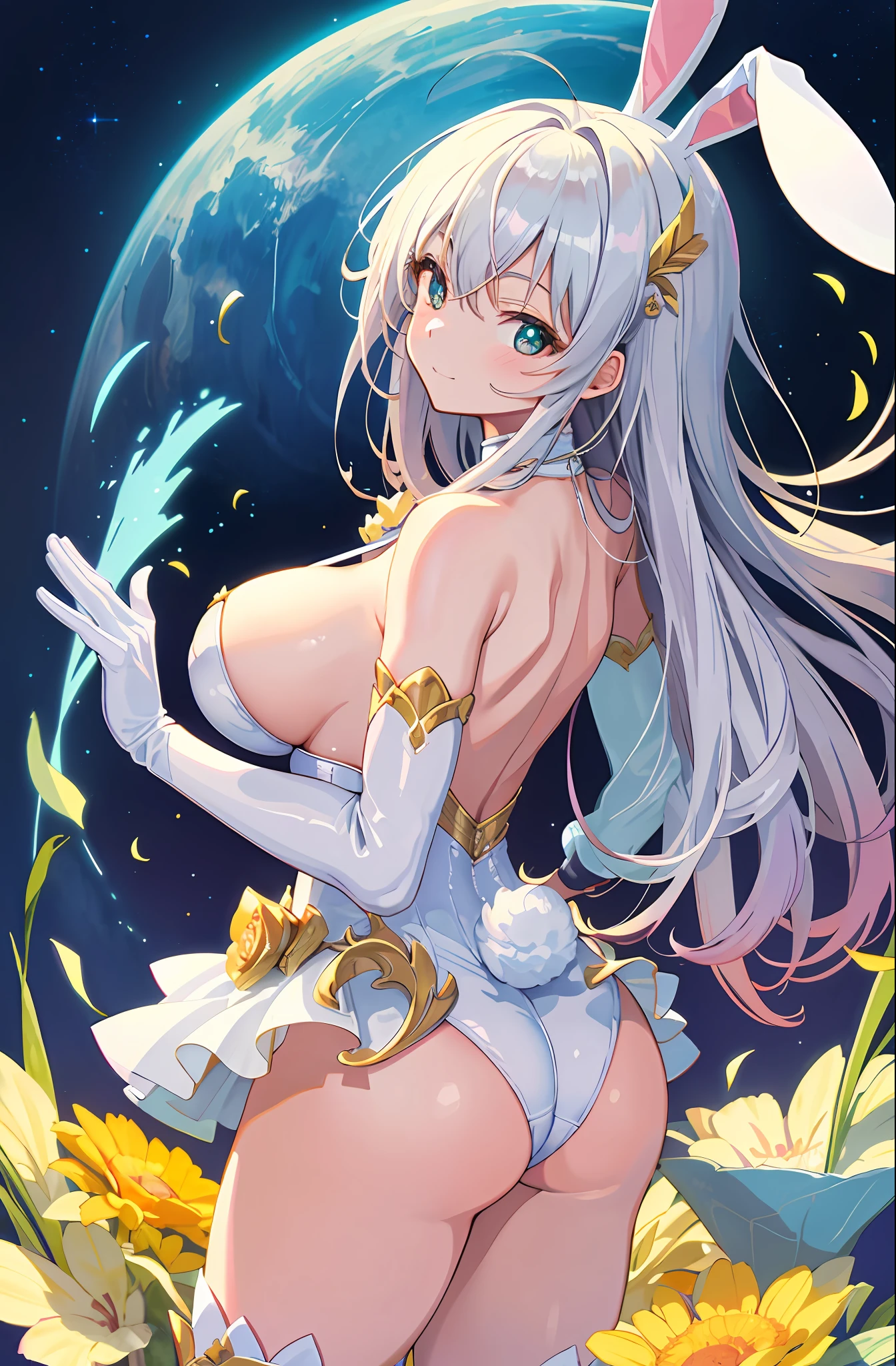 masterpiece, best quality, finely detailed, high resolution, extremely delicate and beautiful, soft smile, (bunny girl:1.2), bright skin, huge ass, huge breasts, sideboob, white glove