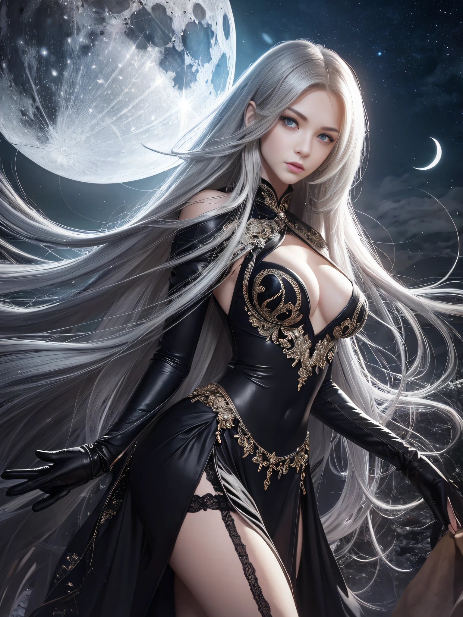 HDR (High Dynamic Range), ray tracing, NVIDIA, long-haired woman, slim figure, s-curves, leg length, delicate facial features, high nose bridge, big eyes, silver hair, charming, black stockings, forest at night, moon, black long dress + robe, navel, black top, good fingers, perfect eyes, blue eyes, angry expression, slightly open eyes