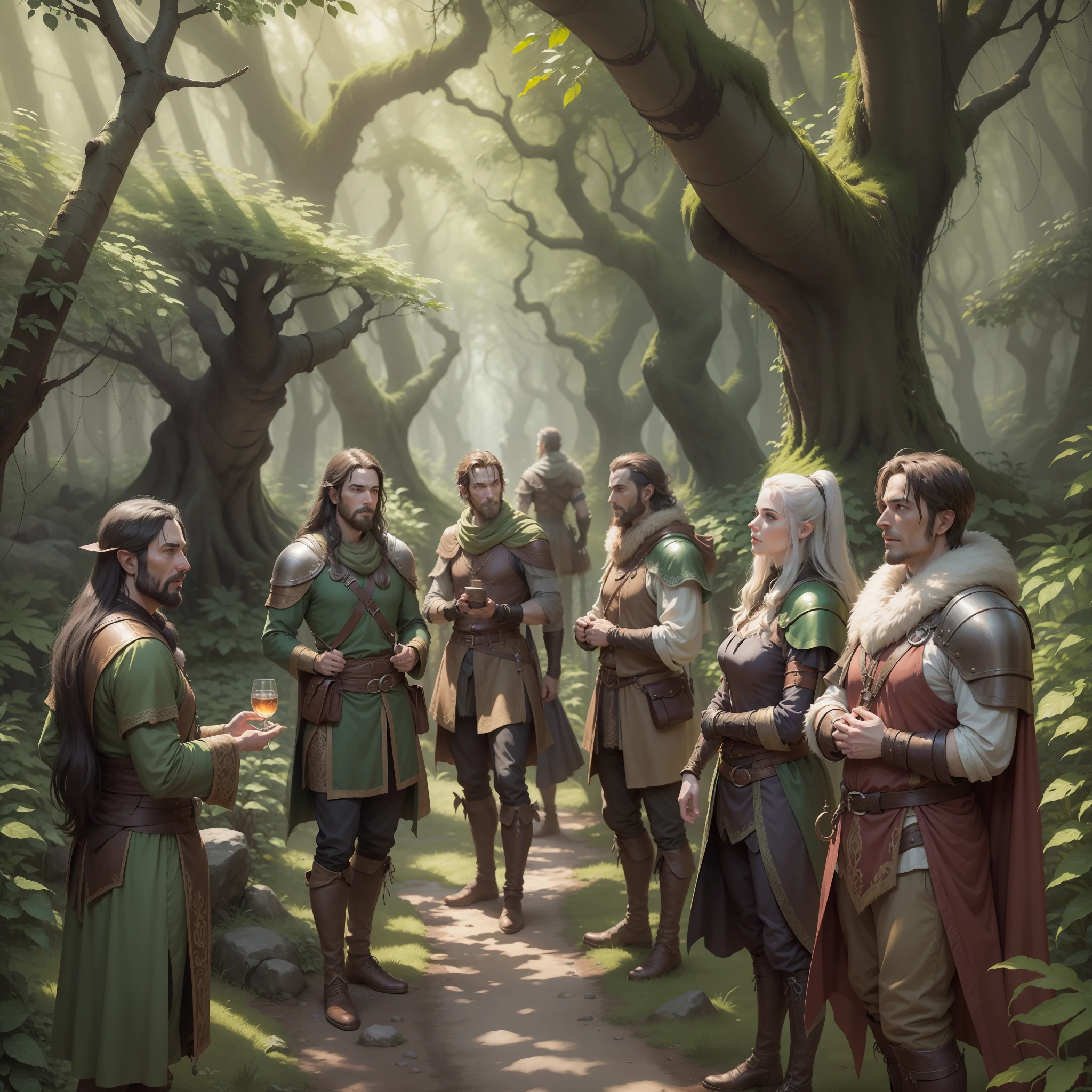 A group of dungeons and dragons adventurers in a forest, mature