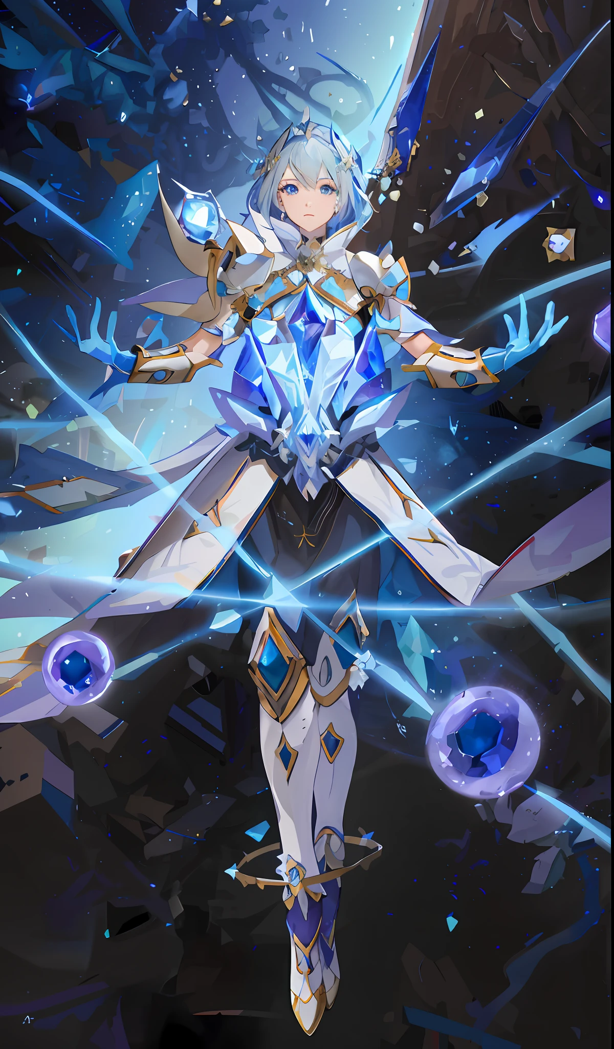 Anime girl wearing white opal armor holding ice crystal sword, ice elemental, frozen movement, crystal skin, beautiful celestial mage, silver reflection armor, Katsei from Genshin Impact, ice witch, ethereal diamond armor, (blue hair: 1.3) + (ice: 1.2) multi-colored hair.