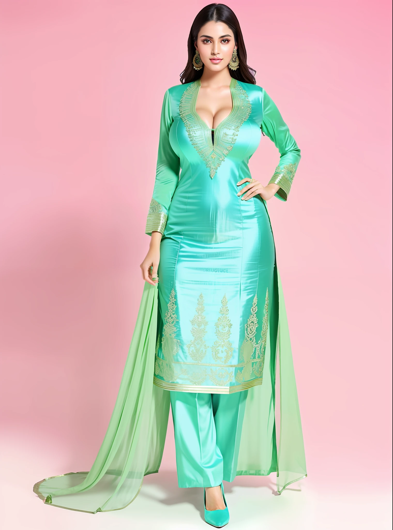 a tall very busty beautiful very toned body women wearing skin tight kurta shalwar taking a hot sexy selfie,perfect face,perfect eyes,HD details,high details,sharp focus,studio photo,HD makeup,shimmery makeup,celebrity makeup,((full body view)) heavy jewelry,((full huge breast)) ((large breast))((huge round breast))(( centered image)) (HD render)Studio portrait,magic, magical, fantasy,