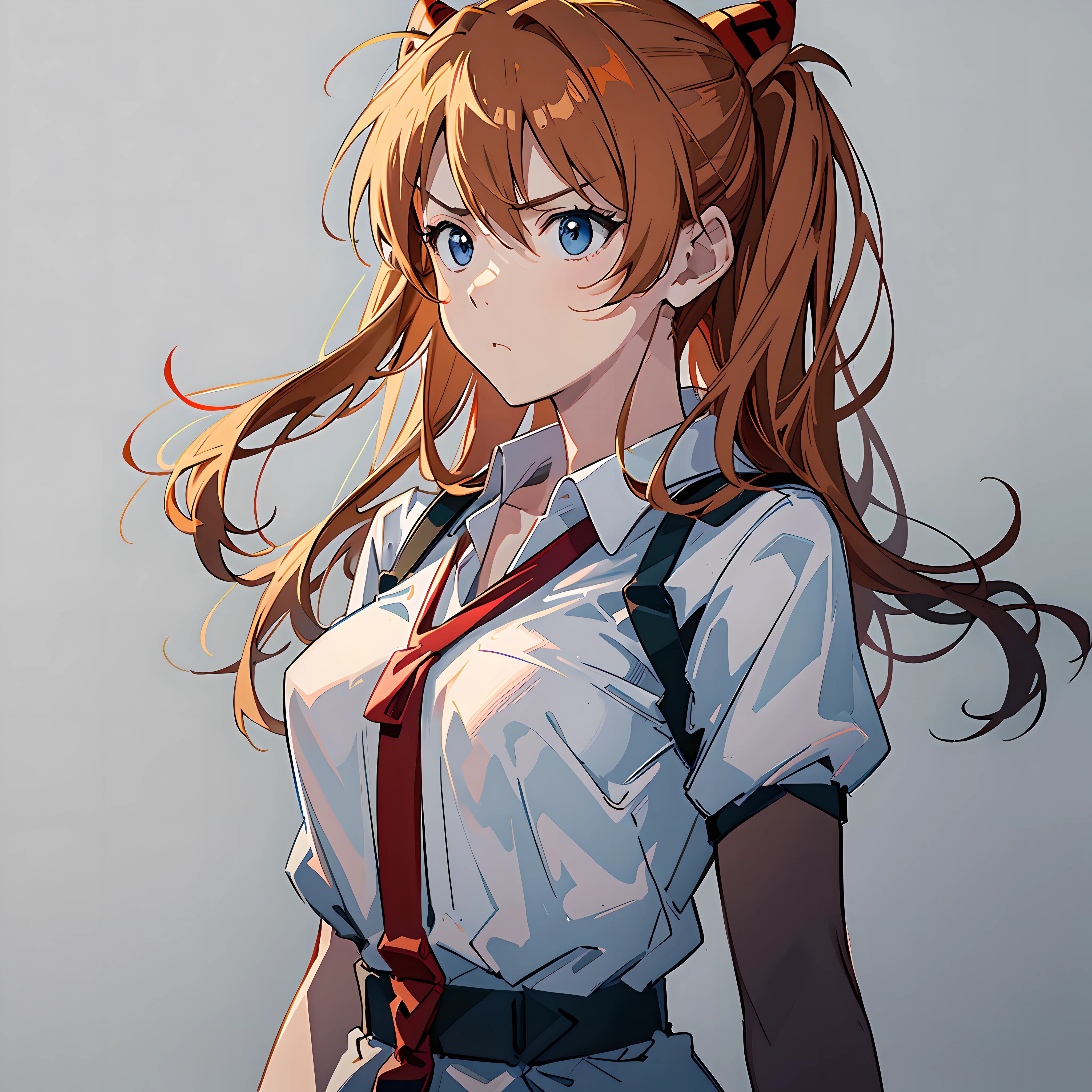 (Masterpiece, Best Quality), Asuka, 1 girl, hair fluttering in the wind, tsundere expression, angry, forked waist, wallpaper, white solid background, solid background, minimalist style, white shirt, simple, upper body close-up, character in the middle, warm tone, minimalist, --v6