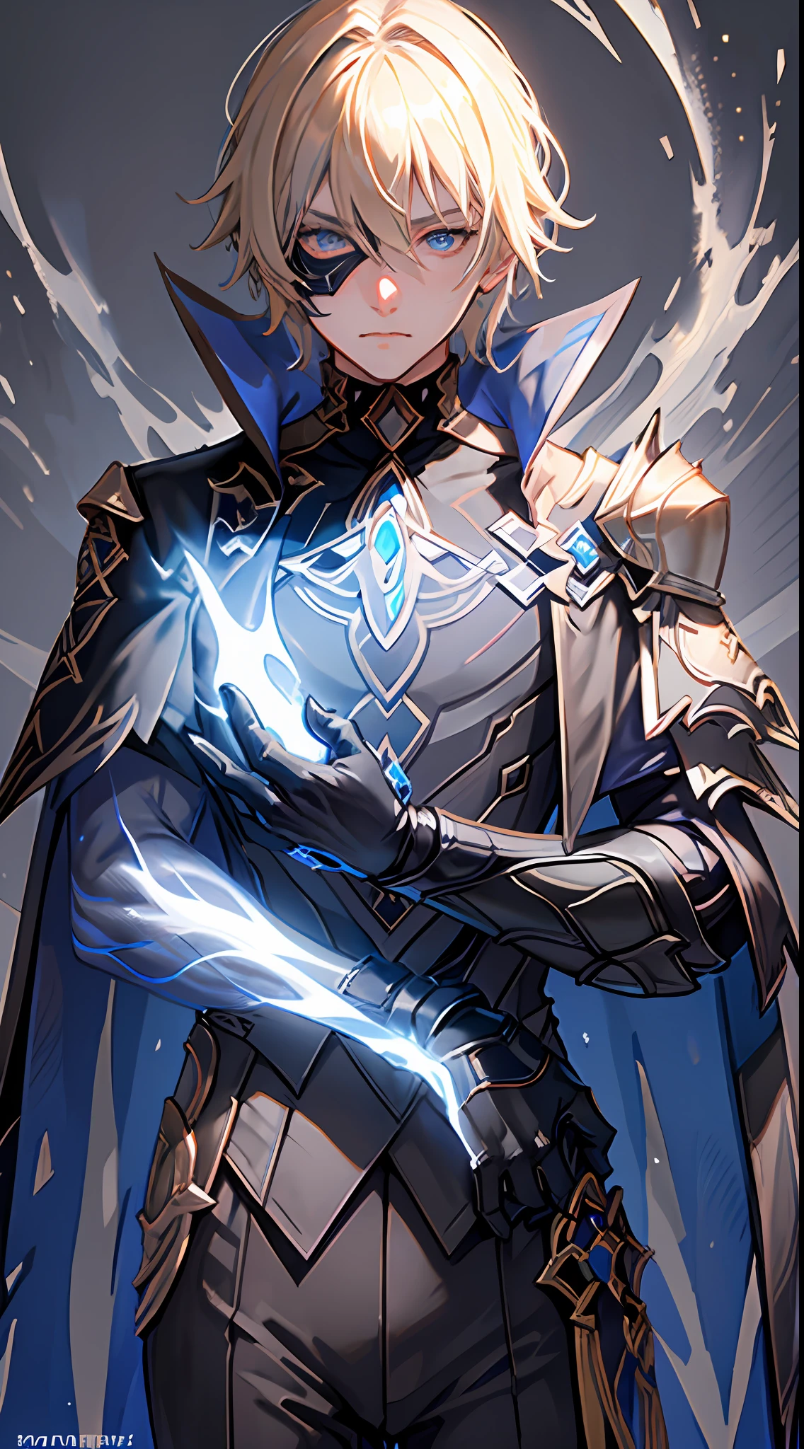masterpiece, best quality,dainsleif\(genshin impact\), 1boy, male focus, solo, blonde hair, blue eyes, mask, gloves, hair between eyes, looking at viewer, cape, closed mouth, black gloves, bangs, high collar,,  (grey background:1.4),(kbxll:0.6)