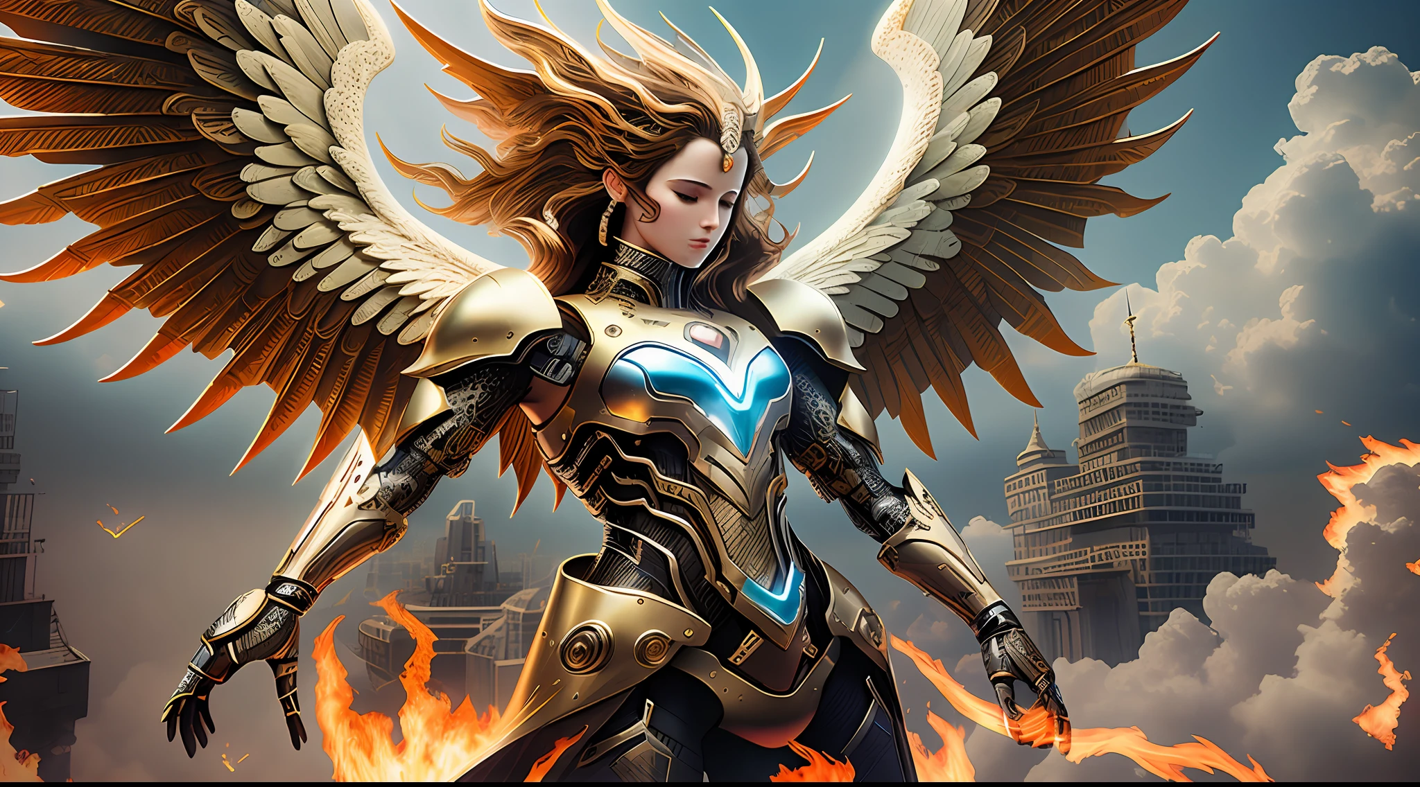 A mythical majestic grand robotic angel descending from a fiery heaven, detailed, Fujifilm, 32k, Imax, color graded, cinematic, moton blur, low contrast