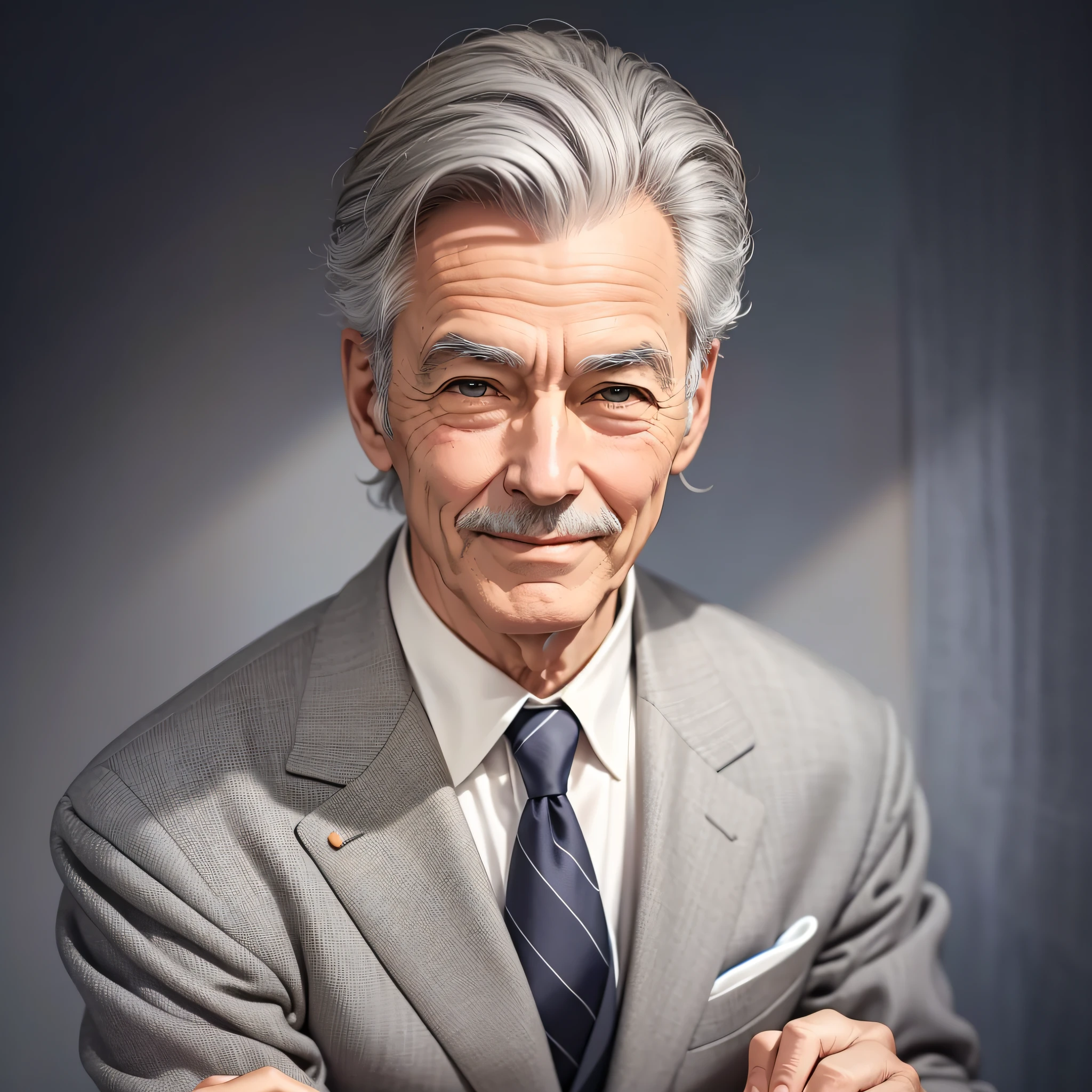 1 man, 60s, suit, front, gentle smile, gray hair