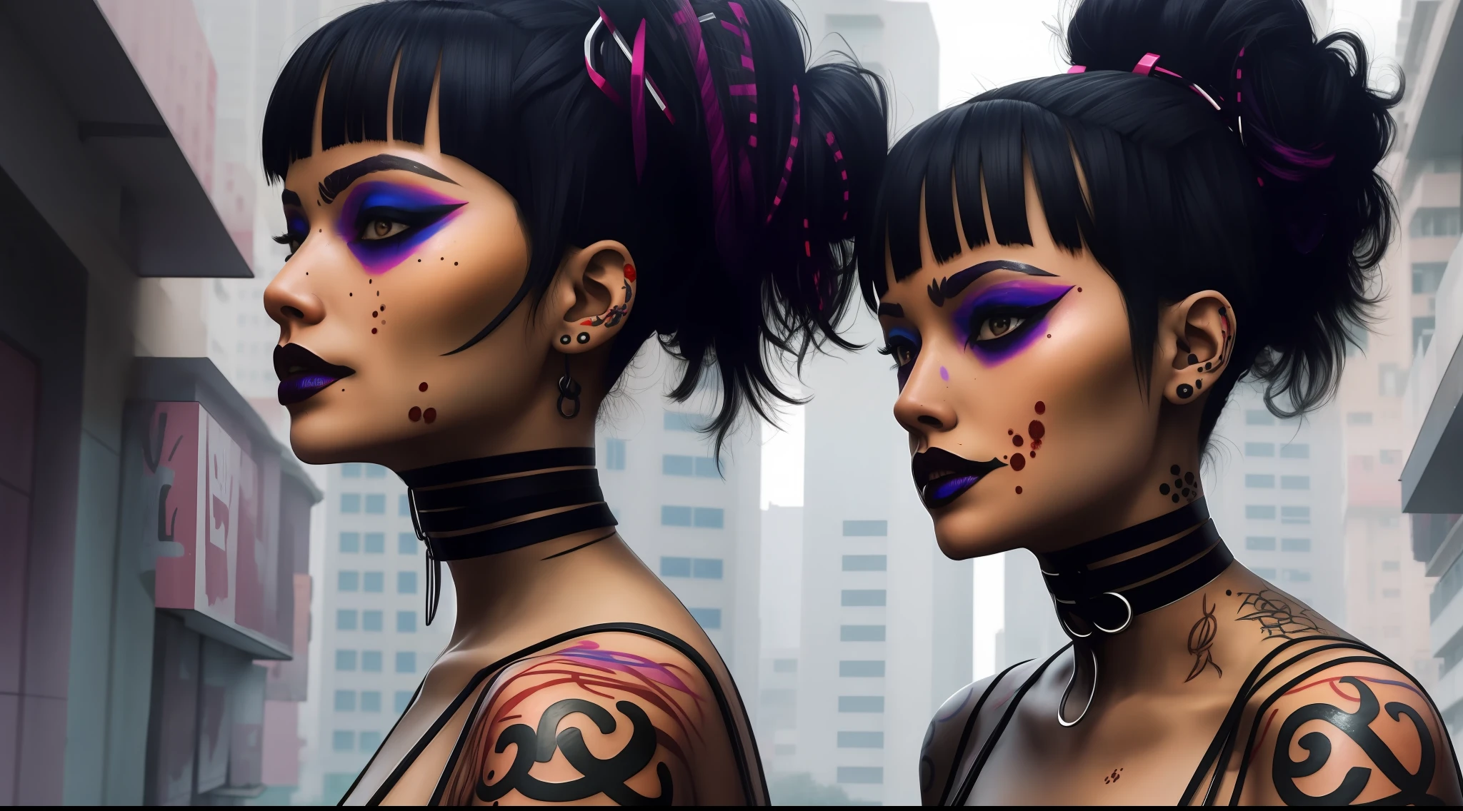 zawora,1girl, black hair, blood on face, makeup, choker, tattoo, cyberpunk