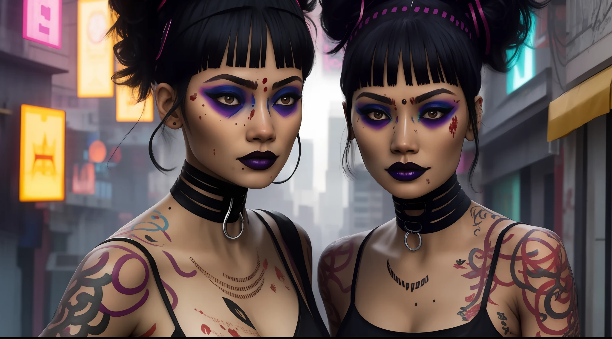 zawora,1girl, black hair, blood on face, makeup, choker, tattoo, cyberpunk