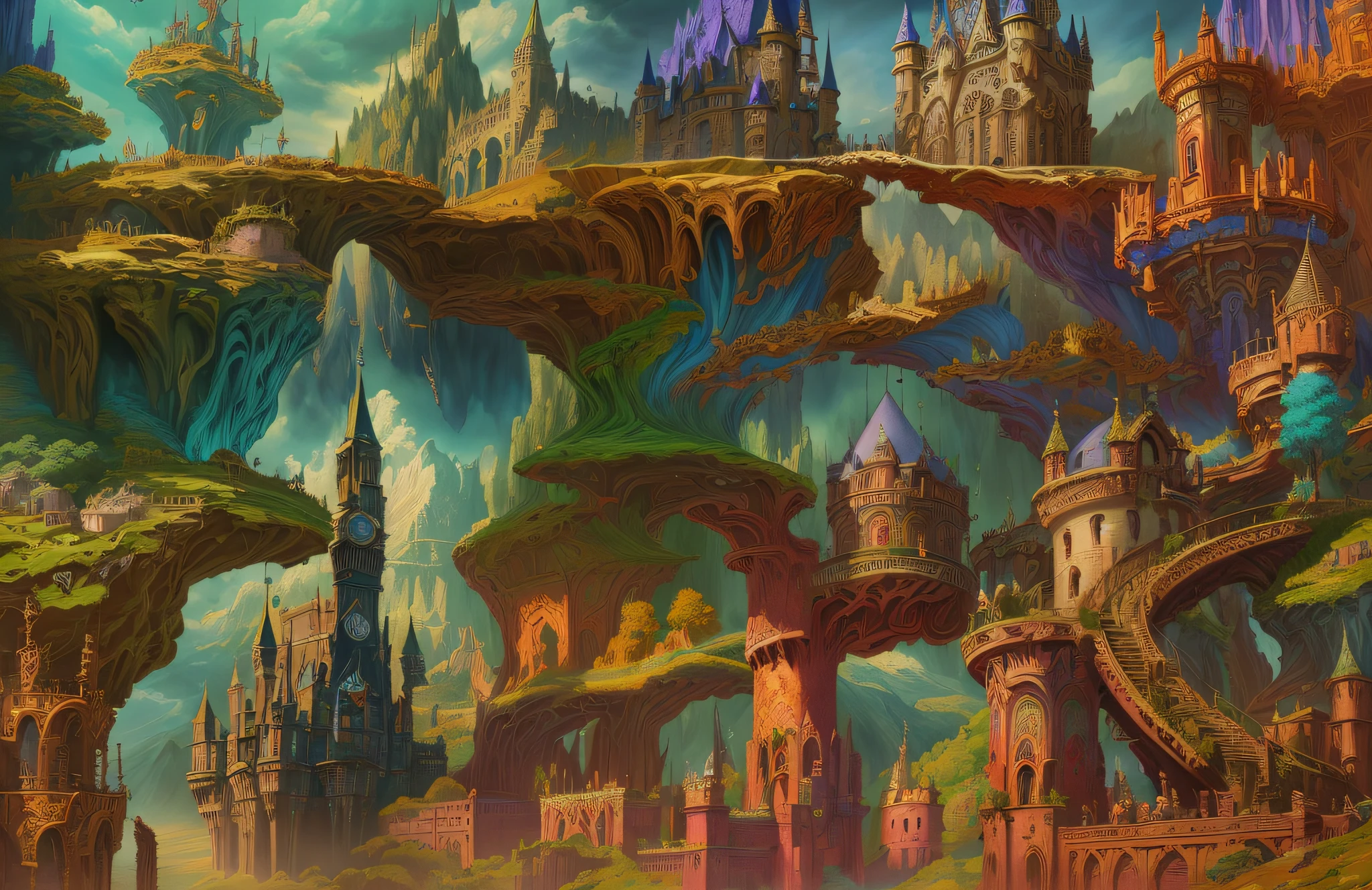 painting of a fantasy castle with a clock tower and a clock tower, fantasy highly detailed, detailed fantasy digital art, fantasy painterly style, colorful concept art, detailed digital 2d fantasy art, magic fantasy highly detailed, colorfull digital fantasy art, detailed fantasy illustration, intricate rainbow environment, symmetrical fantasy landscape, beautiful detailed fantasy, fantasy architecture, 4 k detail fantasy
