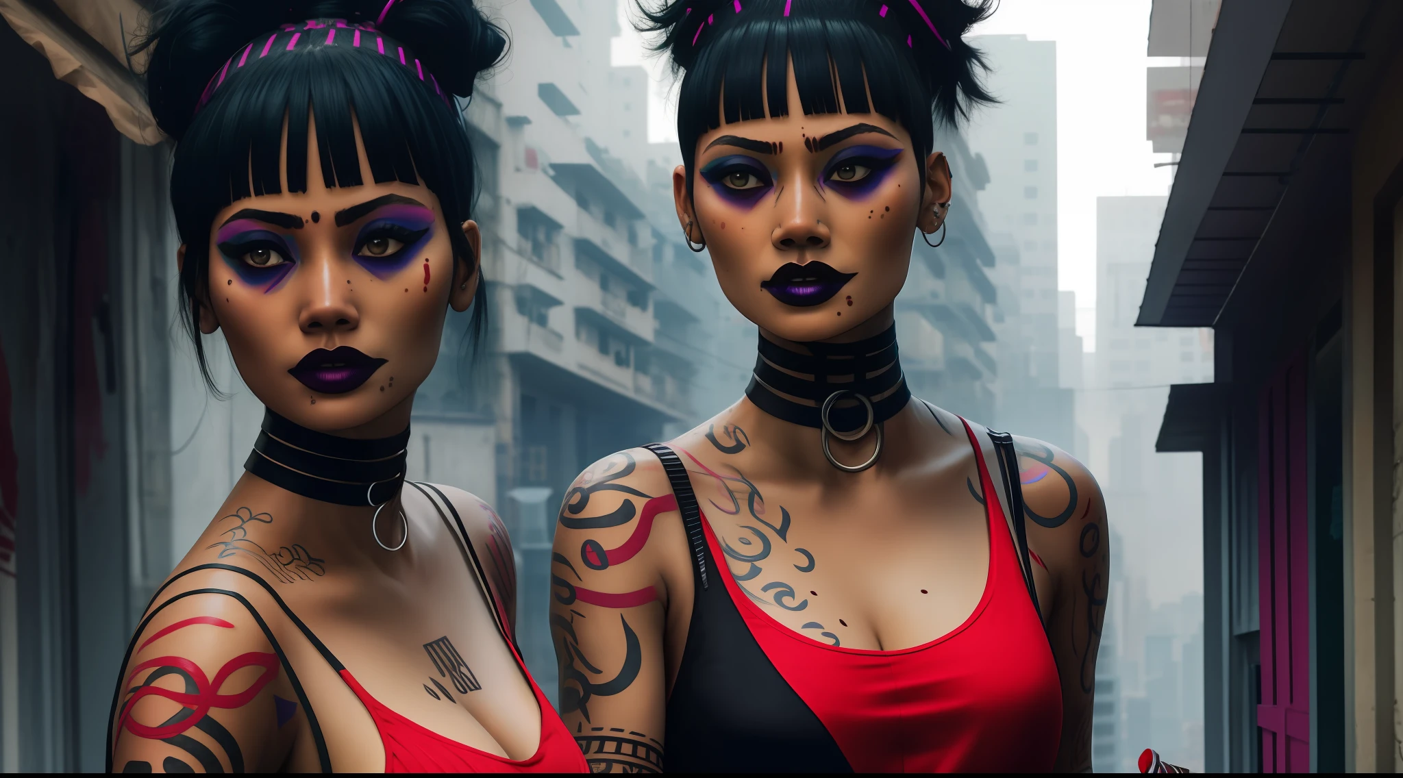 zawora,1girl, black hair, blood on face, makeup, choker, tattoo, cyberpunk