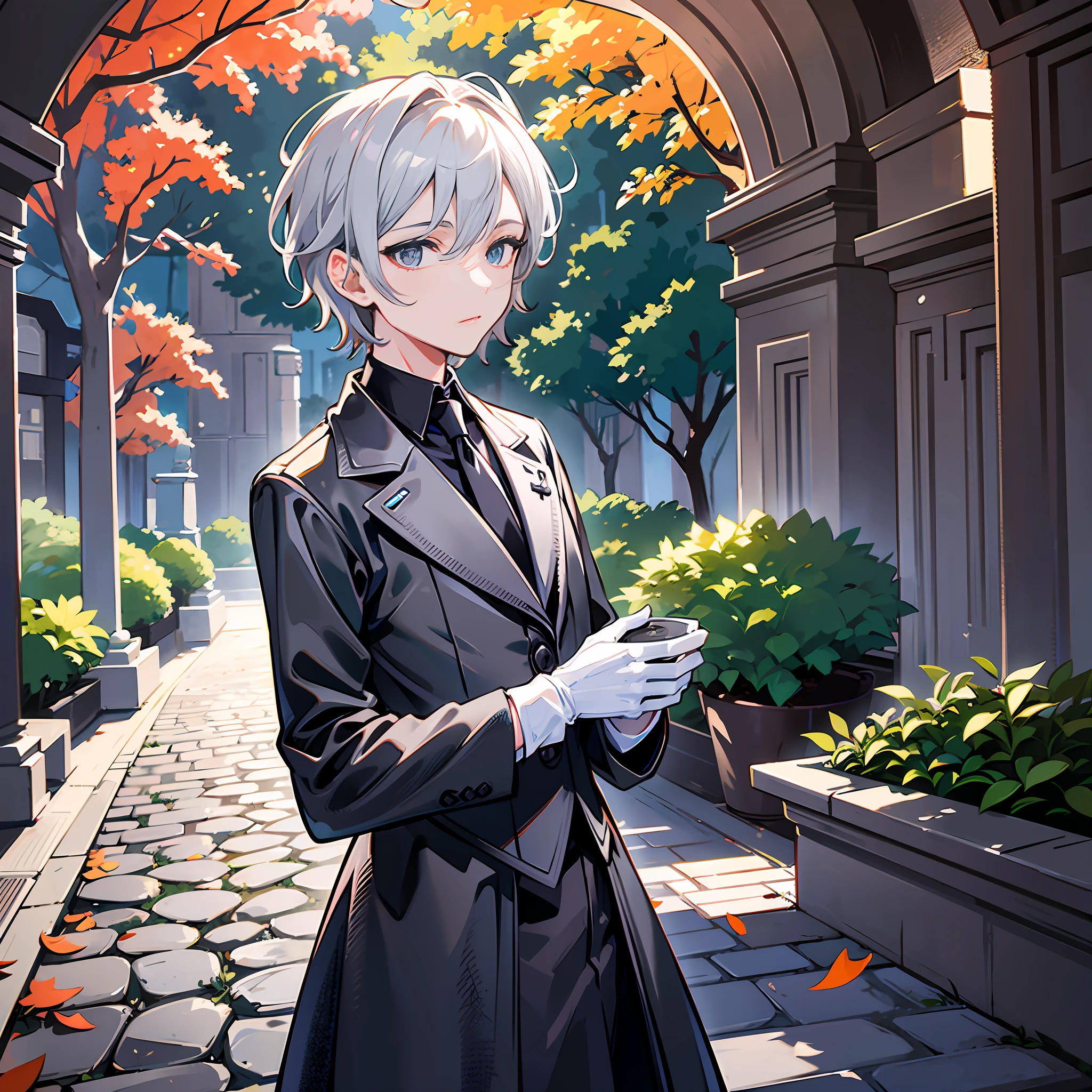 Two-dimensional boy with gray hair, coffee in hand, wearing black dress and white gloves, alone in the Garden of Silence, night falls, falling leaves, French style, 8K HD wallpaper, the most advanced light and shadow rendering technology, wide-angle lens details displayed, high-resolution masterpieces and the best quality.