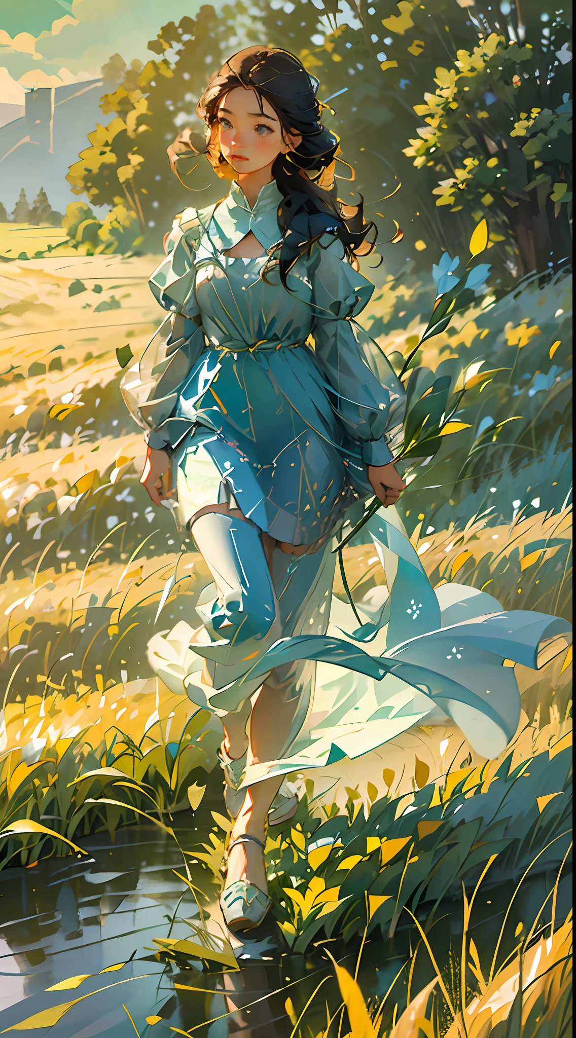 Wheat field, a beautiful girl standing in a wheat field, big clouds, blue sky, rice field, neat rice seedlings in the field, forest, hillside, secluded, countryside, HD detail, hyper-detail, cinematic, surrealism, soft light, deep field focus bokeh, ray tracing and surrealism. --v6