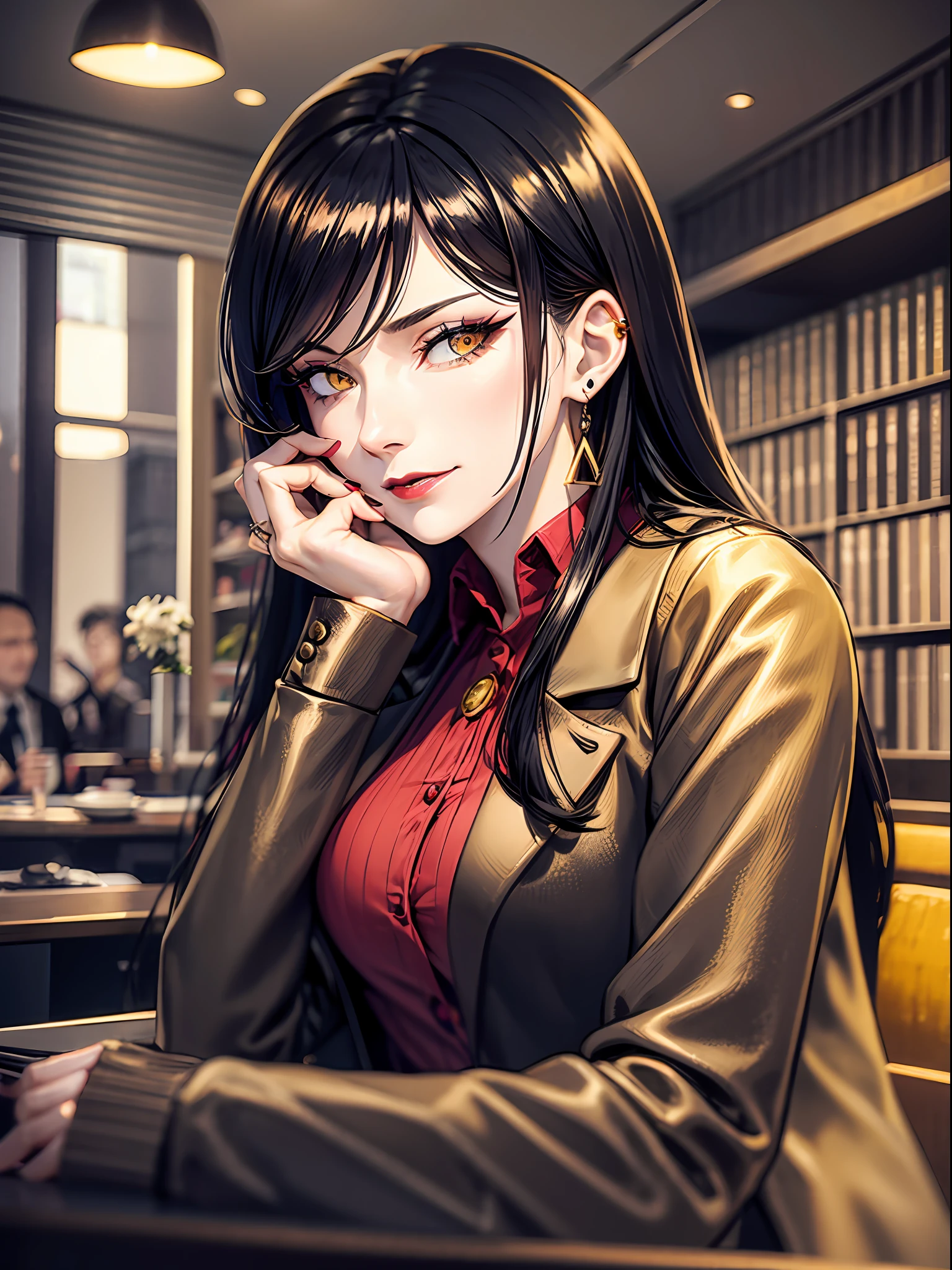 An adult woman, European, black spiky hair, light brown eyes degrade with yellow, red lipstick, eye shadow, blush, tired expression, affectionate smile, dressed in an open brown blazer, red dress shirt, long ruby earrings, sitting in a café, putting her hair behind her ear, (sepia:1.3), light effects in various directions, cold weather,  indoor plants, sunny day, wavy hair