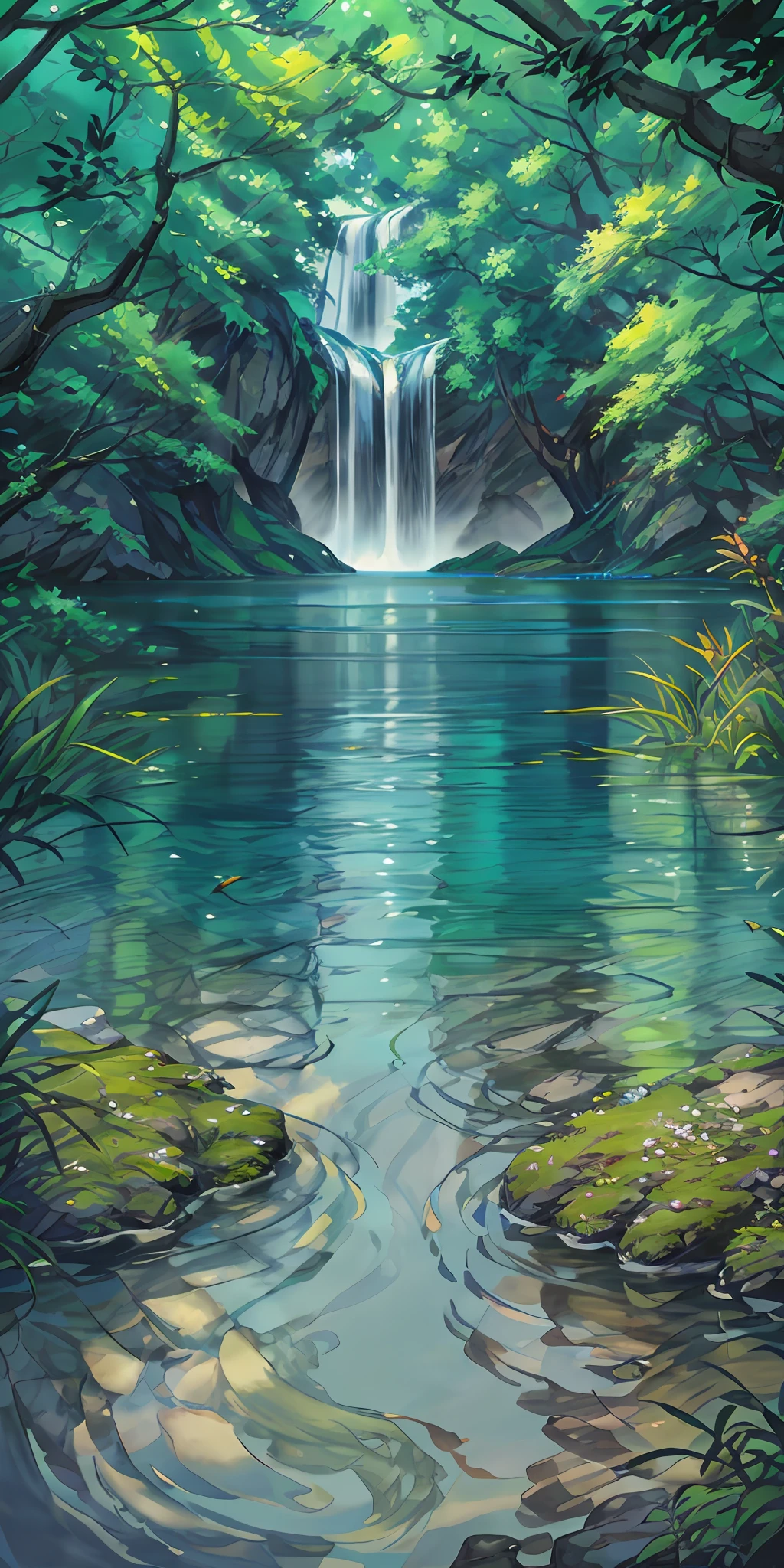 Chinese ancient times, spring, jungle, lake, cave, waterfall, tree, meadow, rock, deer, hot spring, water vapor, (illustration: 1.0), epic composition, realistic lighting, HD details, masterpiece, best quality, (very detailed CG unified 8k wallpaper)