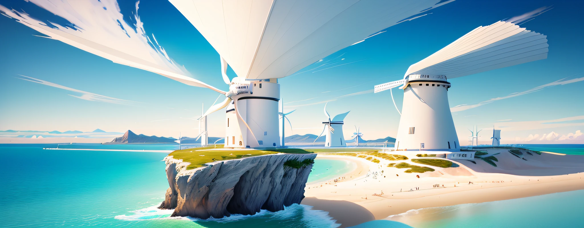 Slender island, large sandy beach, there are many big white windmills on the sea in the distance, windmills have large and small, bright sky blue sky, environmental design illustration, background art, stylized concept art, background artwork, official concept art, anime landscape concept art, concept world art, official art, colorful concept art, huge landscape