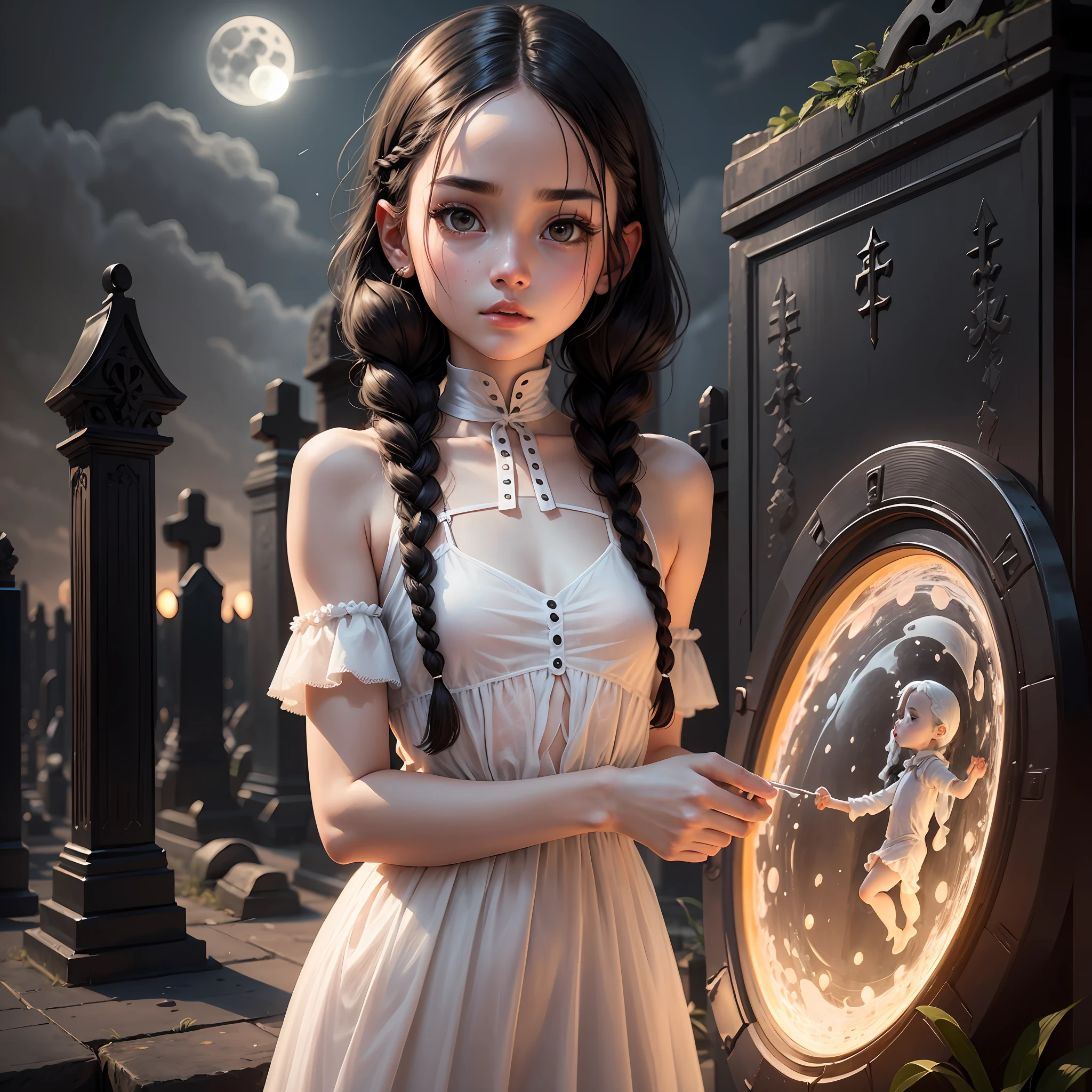 best image quality, 8k, masterpiece, black haired girl, white skin, braids, see-through black dress, baby face, small, slender, graveyard with full moon shining