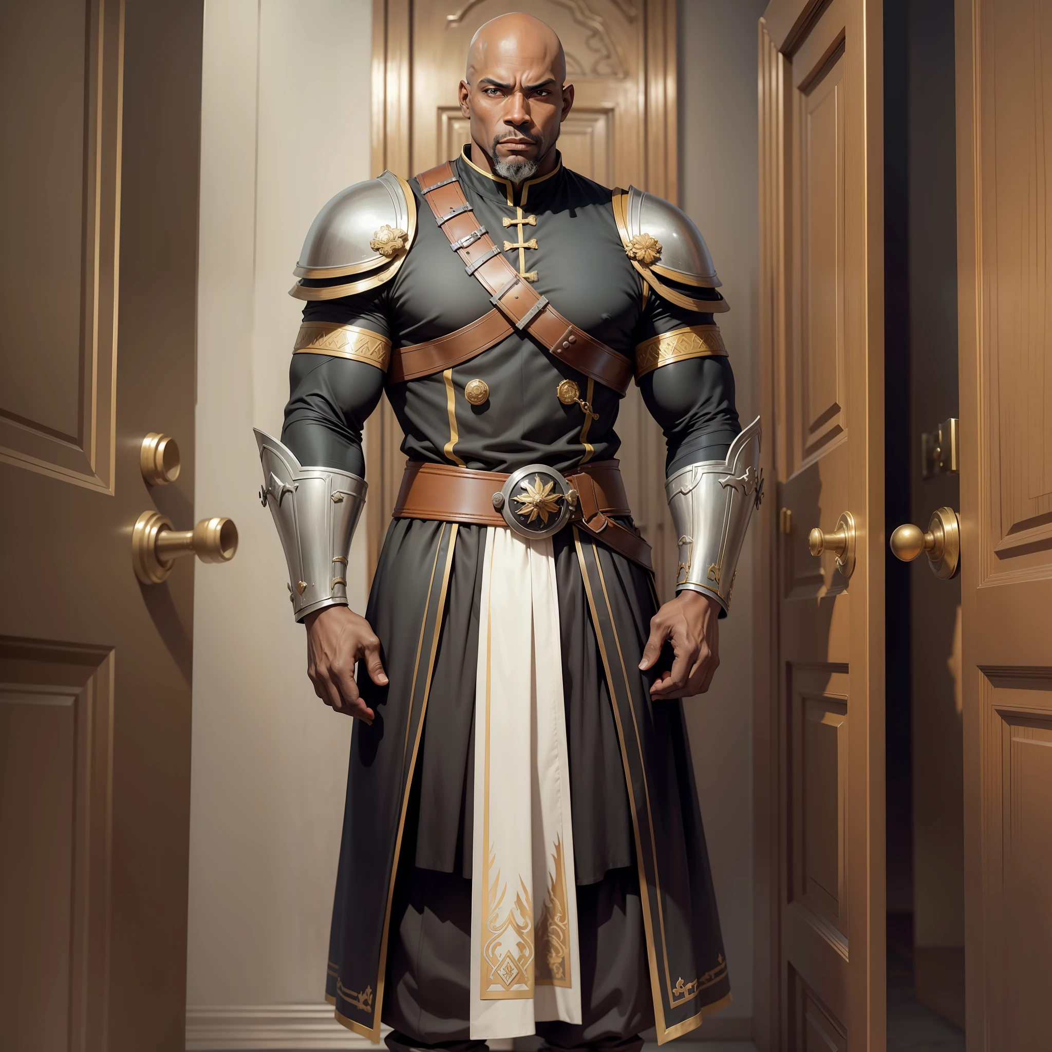 realistic image of a rustic black man, bald, strong, dressed in black cleric's costumes with shoulder pads, anime character style art, standing before a door in a royal anteroom, intrigued expression
